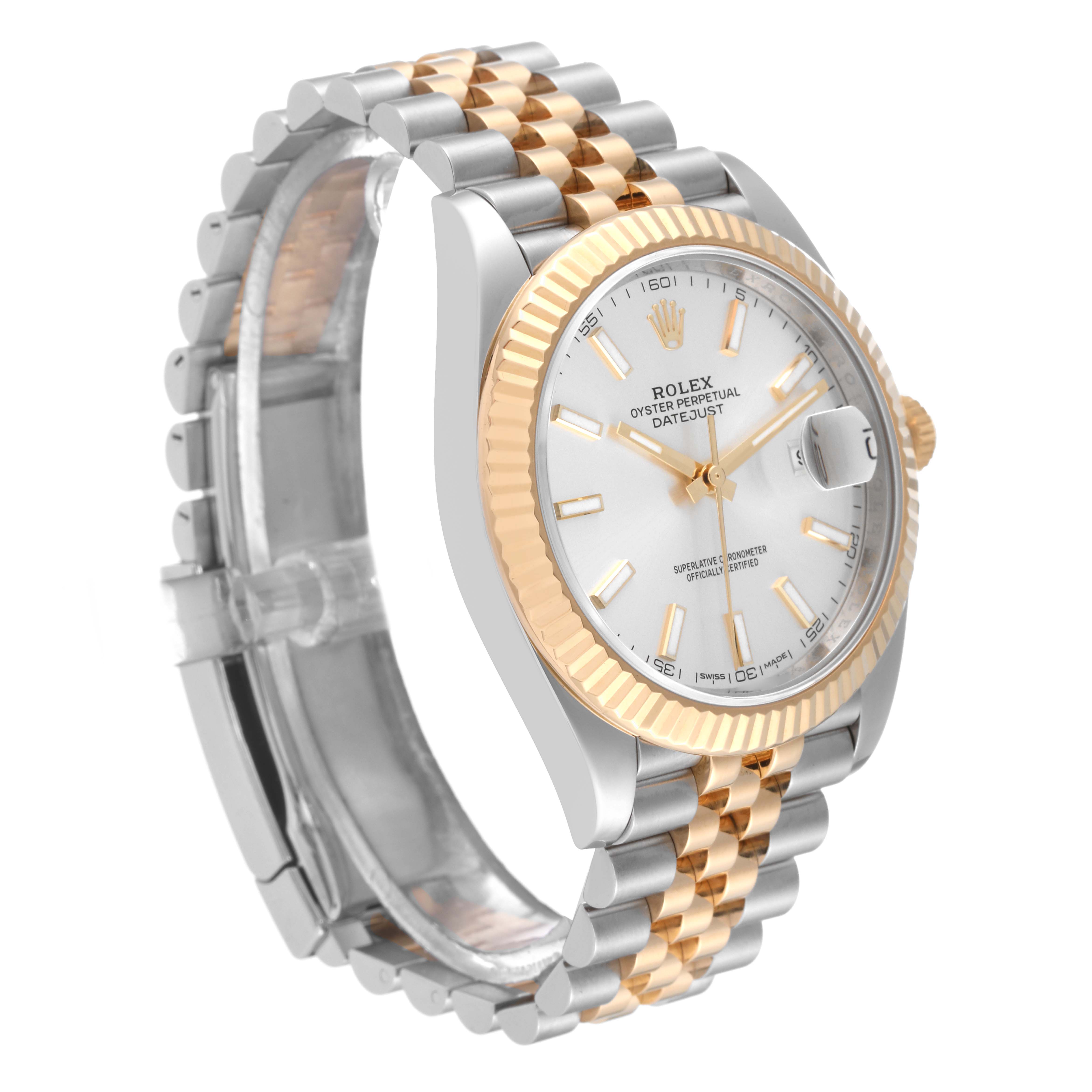 The image shows a Rolex Datejust 41 126333 Men's Steel and Gold (two tone) Silver Dial 126333 Men's Steel and Gold (two tone) Silver Dial watch at a slight angle, revealing its face, gold bezel, and two-tone bracelet.