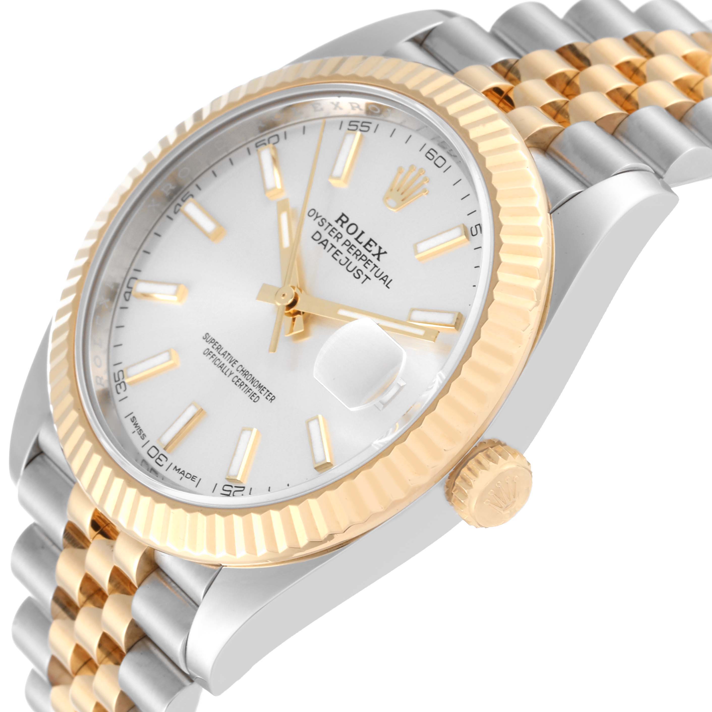 The image shows a close-up angle of the dial, bezel, and part of the bracelet of the Rolex Datejust 41 126333 Men's Steel and Gold (two tone) Silver Dial 126333 Men's Steel and Gold (two tone) Silver Dial watch.