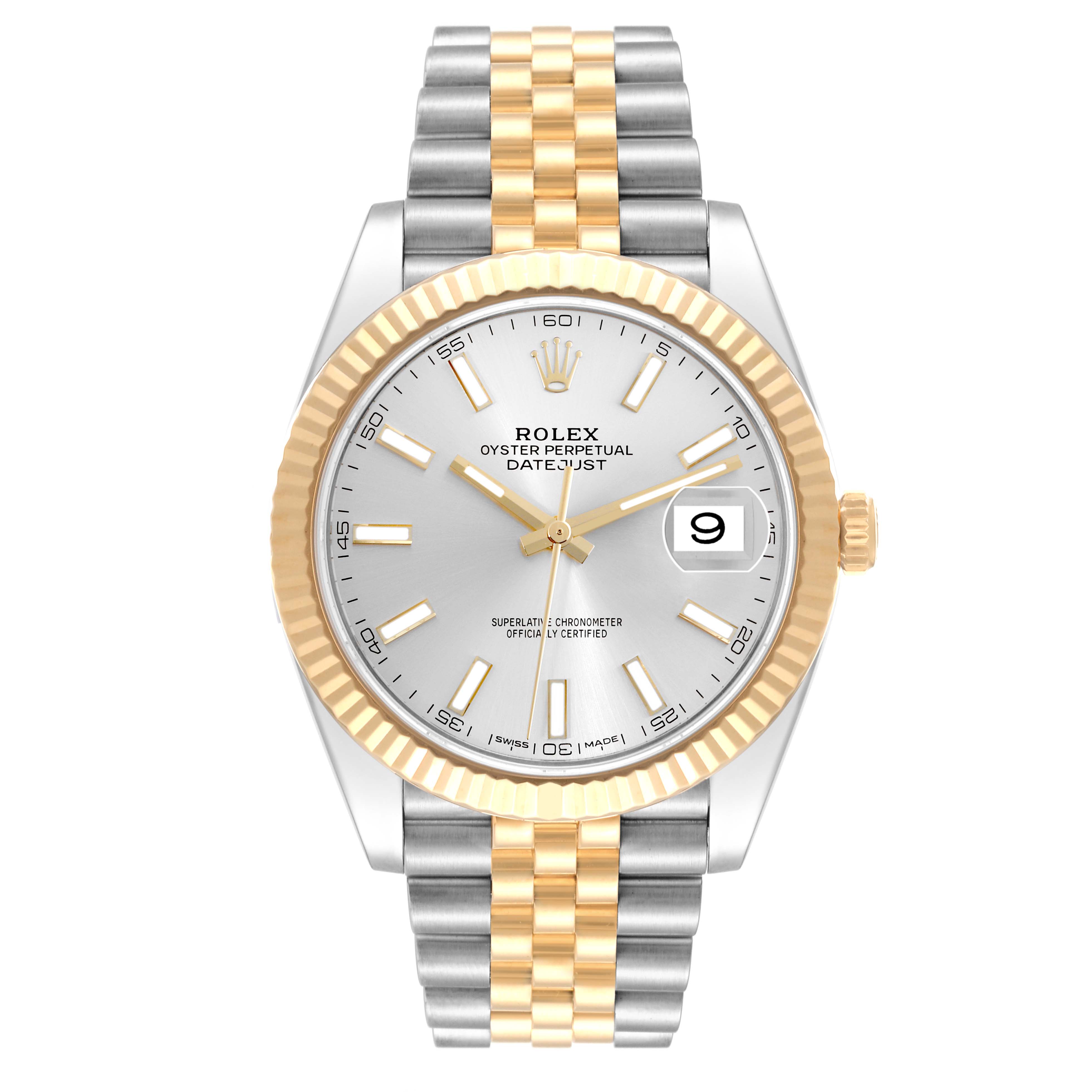This image shows a frontal view of the Rolex Datejust 41 126333 Men's Steel and Gold (two tone) Silver Dial 126333 Men's Steel and Gold (two tone) Silver Dial watch, displaying its dial, hands, bezels, and two-tone bracelet.