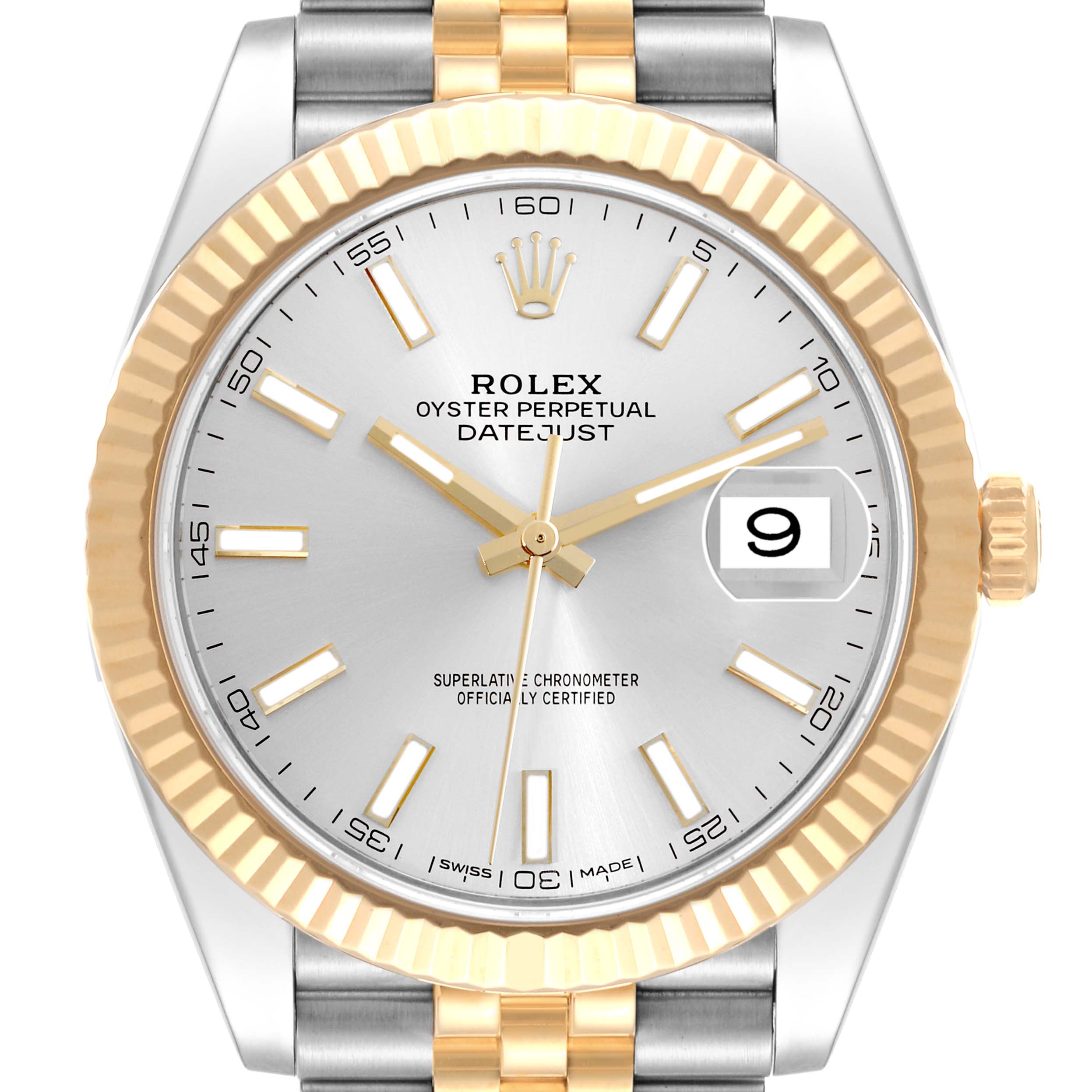 This Rolex Datejust 41 126333 Men's Steel and Gold (two tone) Silver Dial 126333 Men's Steel and Gold (two tone) Silver Dial watch is photographed from the front, showing its face, bezel, and part of the bracelet.