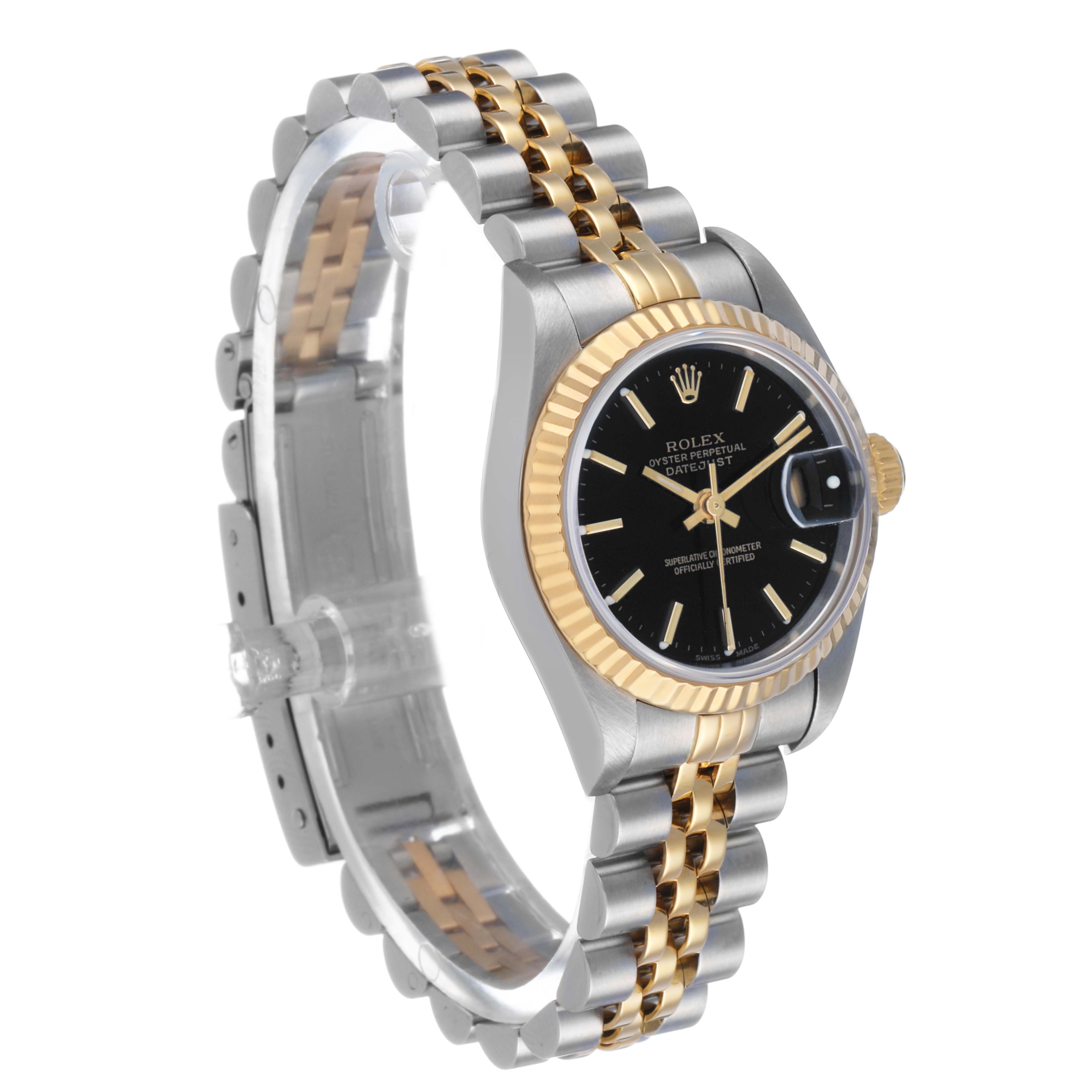 The Rolex Datejust 79173 Women's Steel and Gold (two tone) Black Dial watch is shown at a three-fourths angle, highlighting the two-tone bracelet, fluted bezel, and black dial.