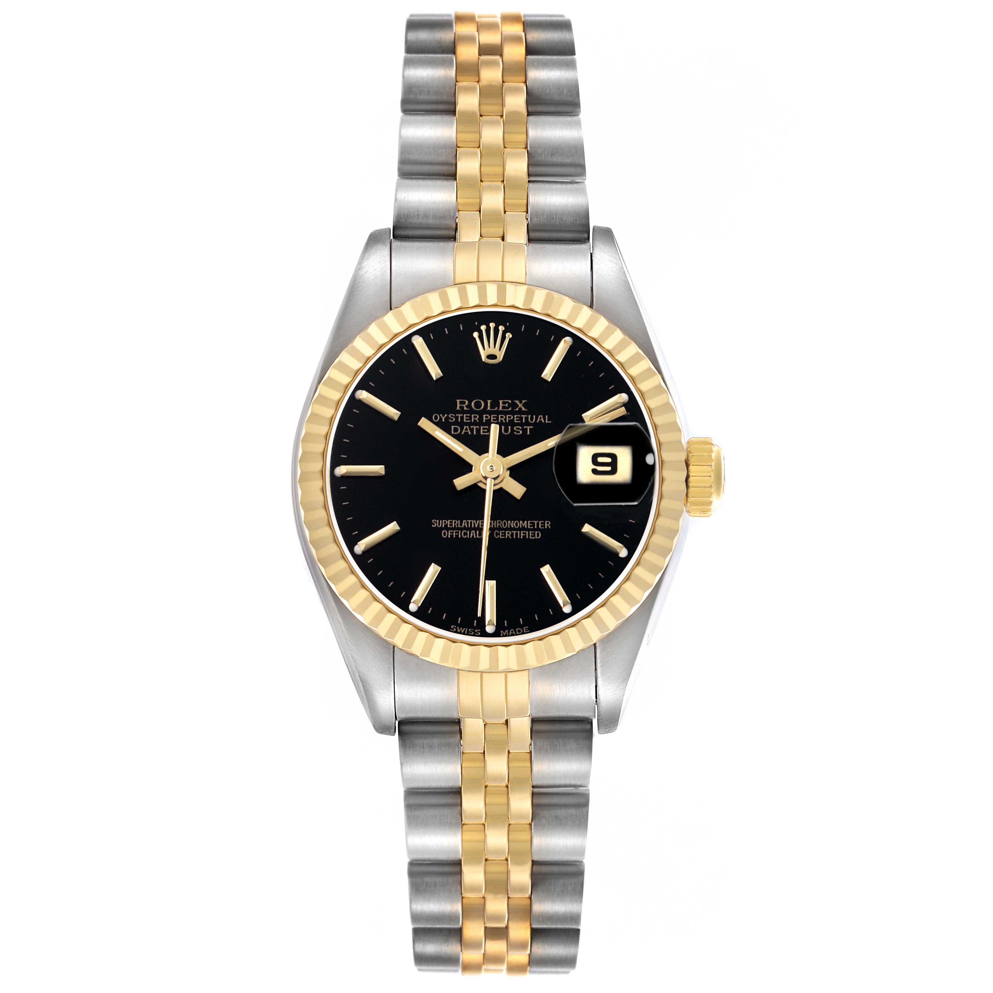 The Rolex Datejust 79173 Women's Steel and Gold (two tone) Black Dial watch is shown from a top view, featuring its dial, bezel, bracelet, and date display.