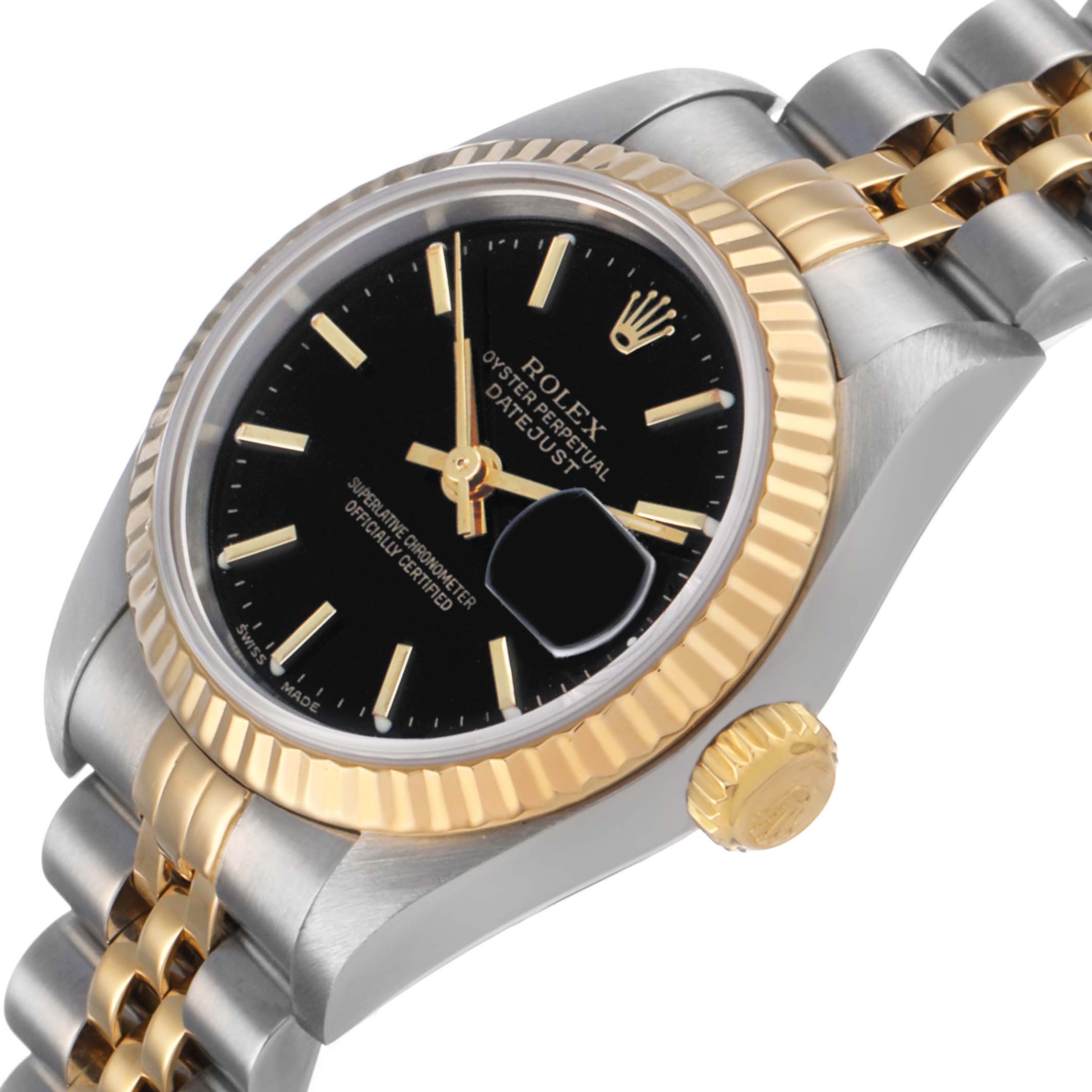 The image shows a Rolex Datejust 79173 Women's Steel and Gold (two tone) Black Dial watch at an angled top-side view, highlighting the bezel, crown, and part of the bracelet.