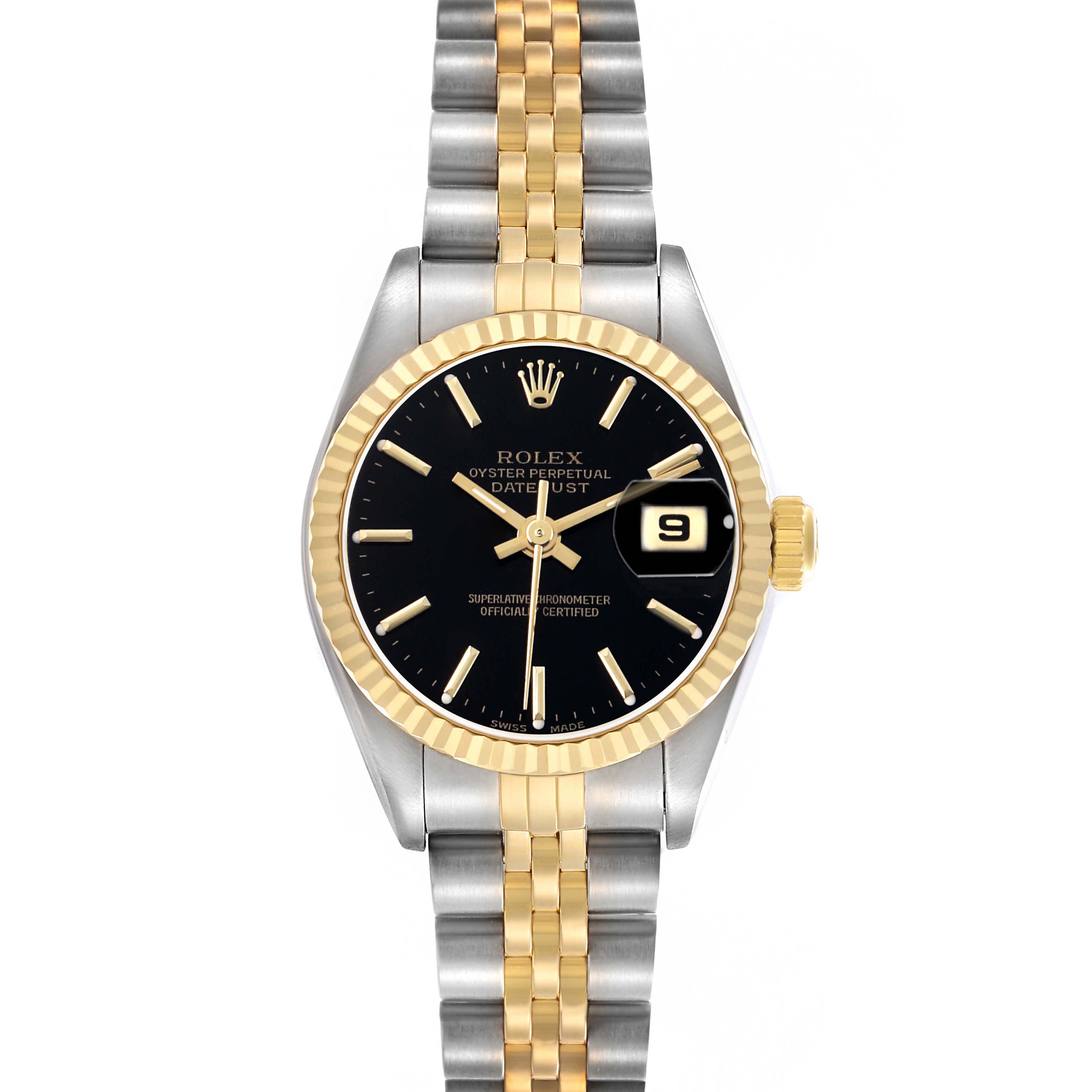 The Rolex Datejust 79173 Women's Steel and Gold (two tone) Black Dial watch is shown from the front, displaying its black dial, gold fluted bezel, and two-tone bracelet.