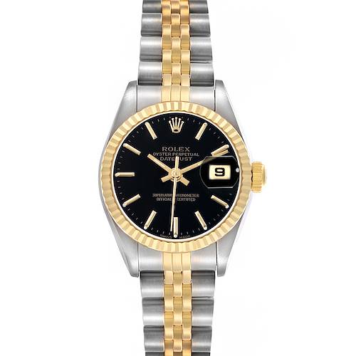 This Rolex Datejust 79173 Women's Steel and Gold (two tone) Black Dial watch is shown from a top-down angle displaying the dial, bezel, and Jubilee bracelet.