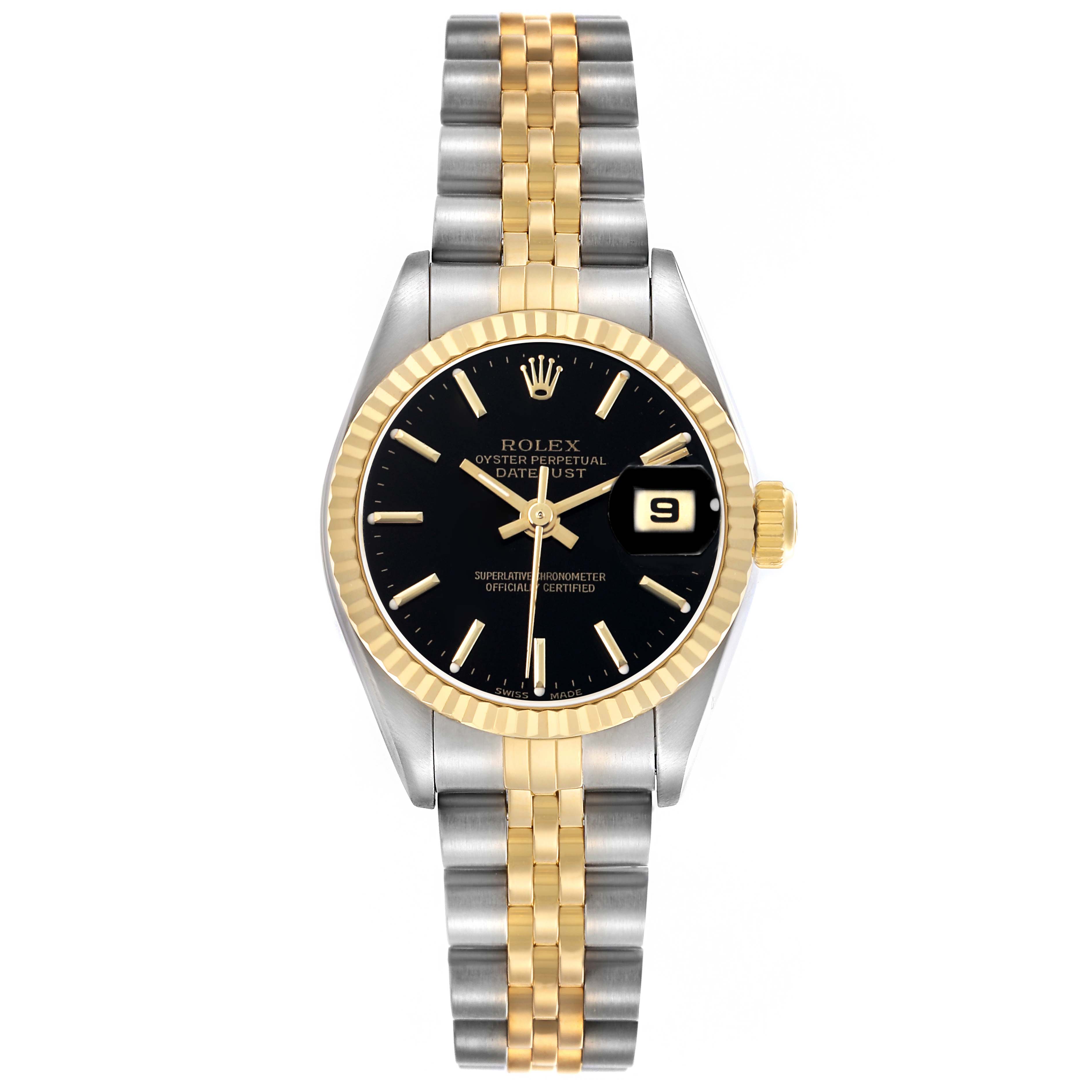 The Rolex Datejust 79173 Women's Steel and Gold (two tone) Black Dial watch is shown from the front, displaying the dial, bezel, bracelet, and date window clearly.