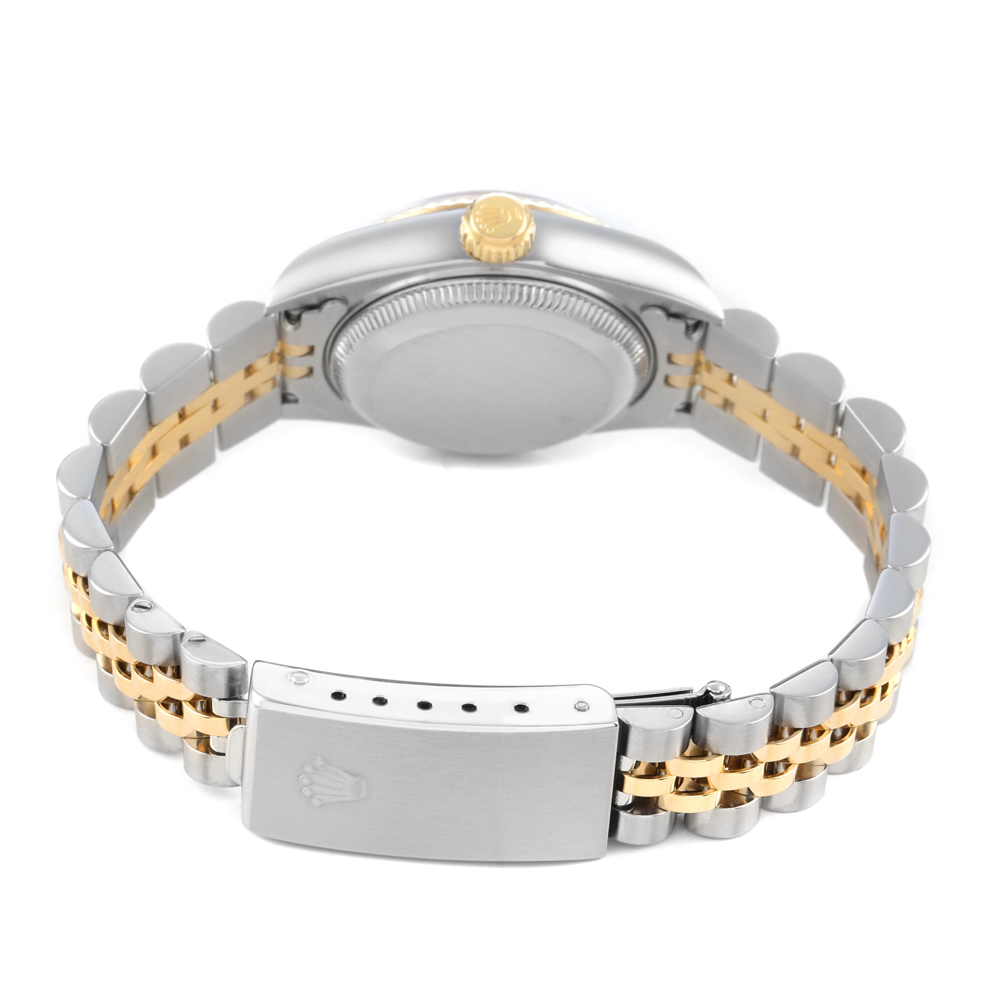The image shows the back of the Rolex Datejust 79173 Women's Steel and Gold (two tone) Black Dial bracelet and clasp, highlighting its two-tone metal design and crown logo.