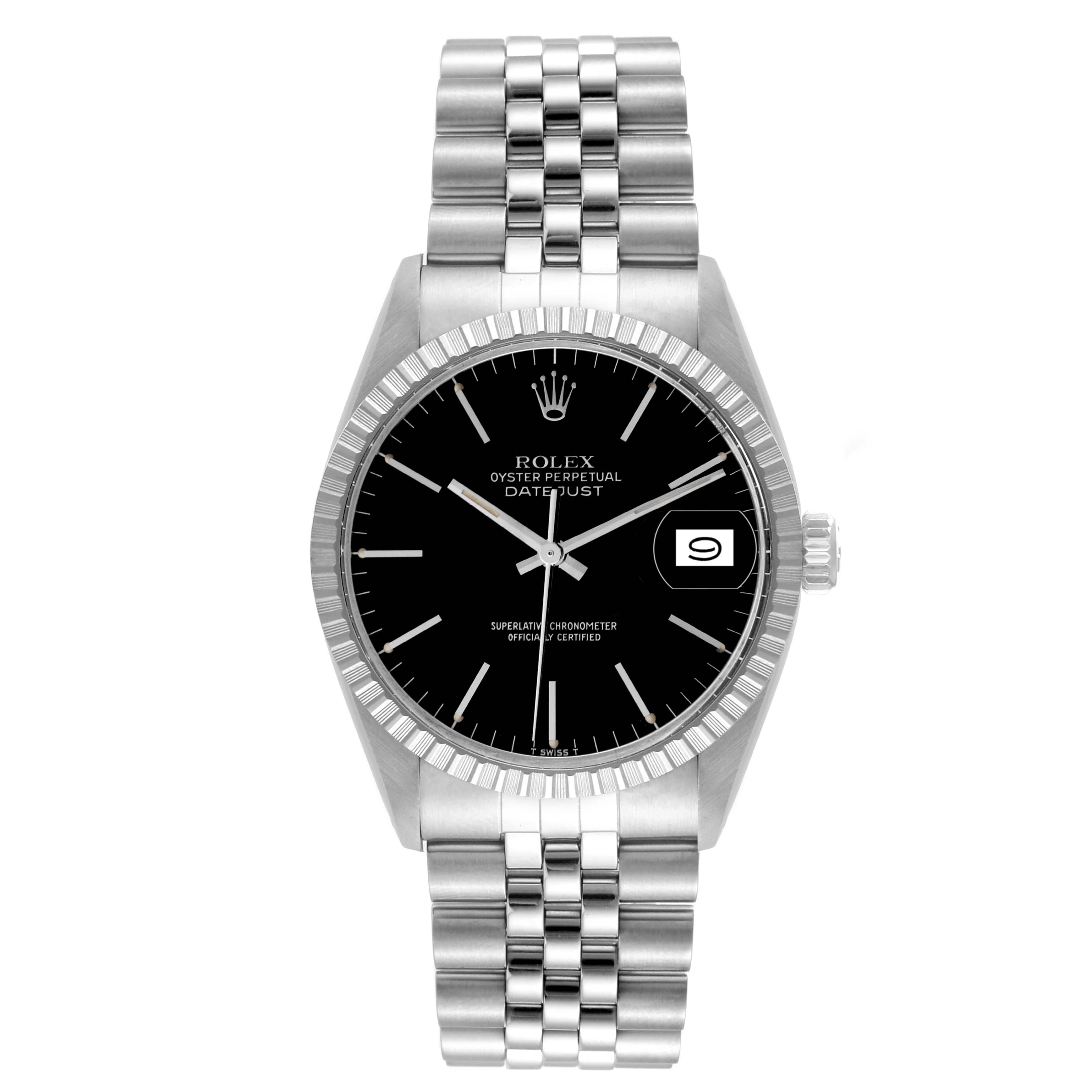 The image shows a front view of the Rolex Vintage Collection 16030 Men's Stainless Steel Black Dial 16030 Men's Stainless Steel Black Dial Oyster Perpetual Datejust watch with its bracelet and face details.