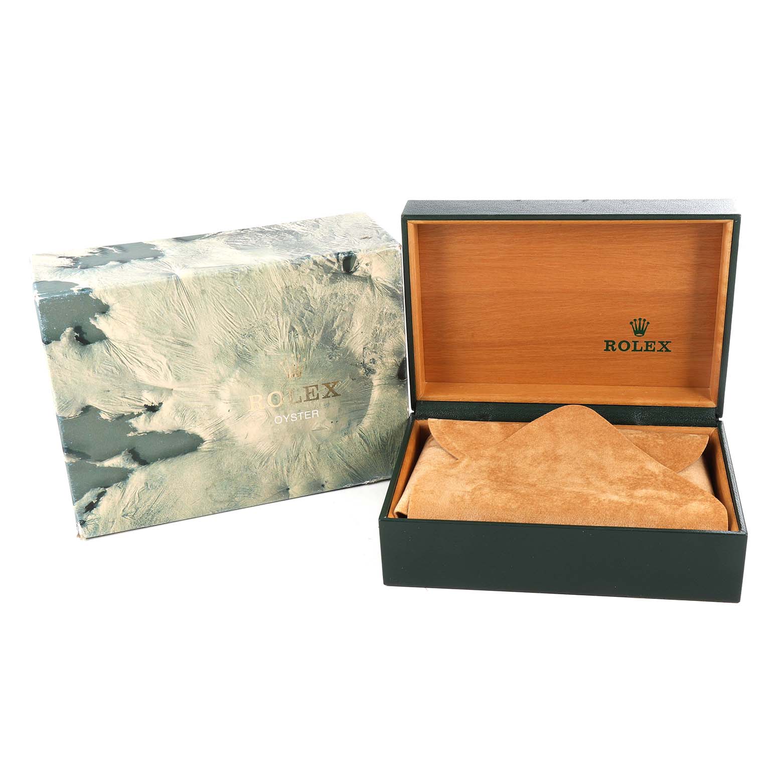 The image shows an open Rolex Vintage Collection 16030 Men's Stainless Steel Black Dial 16030 Men's Stainless Steel Black Dial watch box and its outer sleeve.