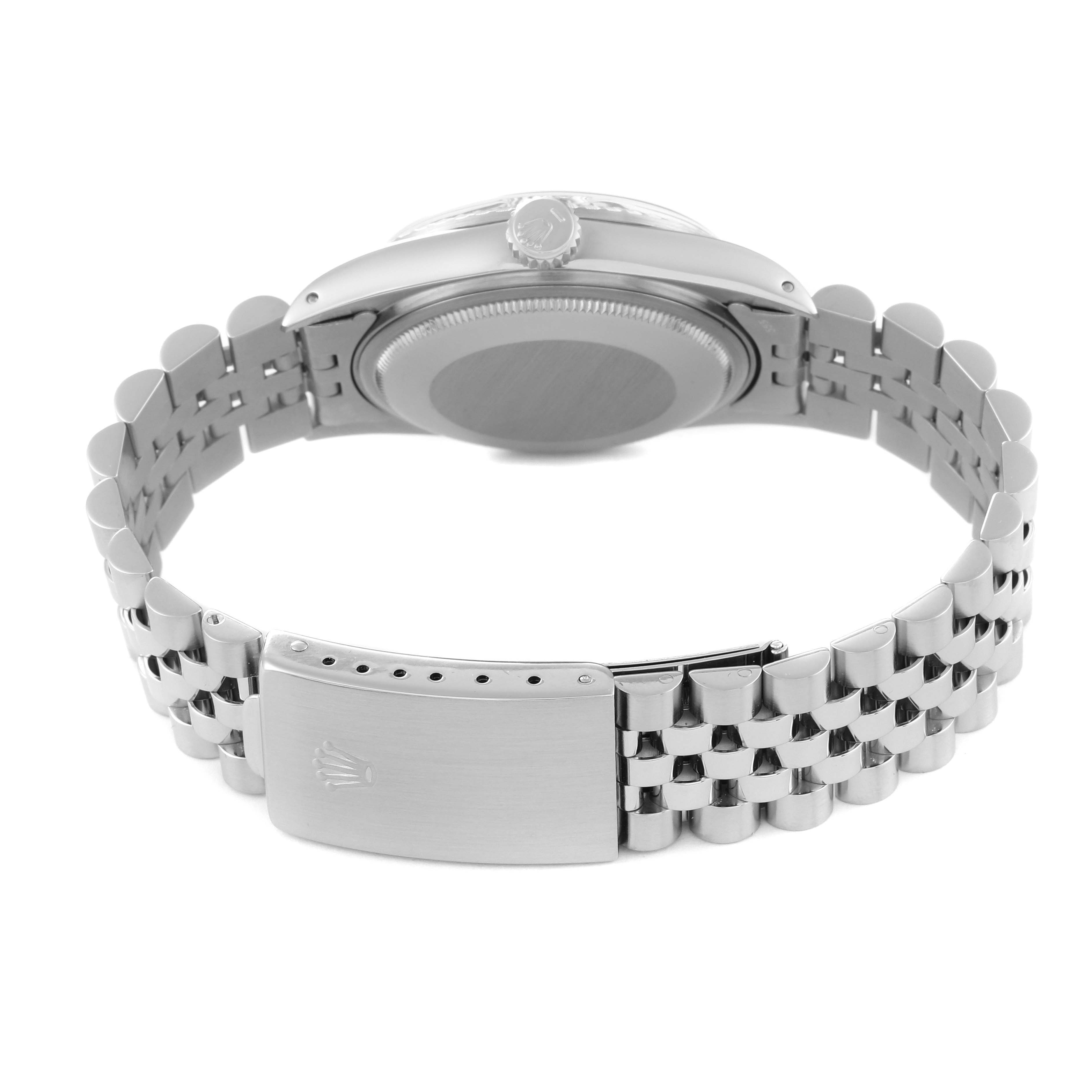 The image shows the back view of the Rolex Vintage Collection 16030 Men's Stainless Steel Black Dial 16030 Men's Stainless Steel Black Dial watch, highlighting the case back, crown, and metal bracelet clasp.