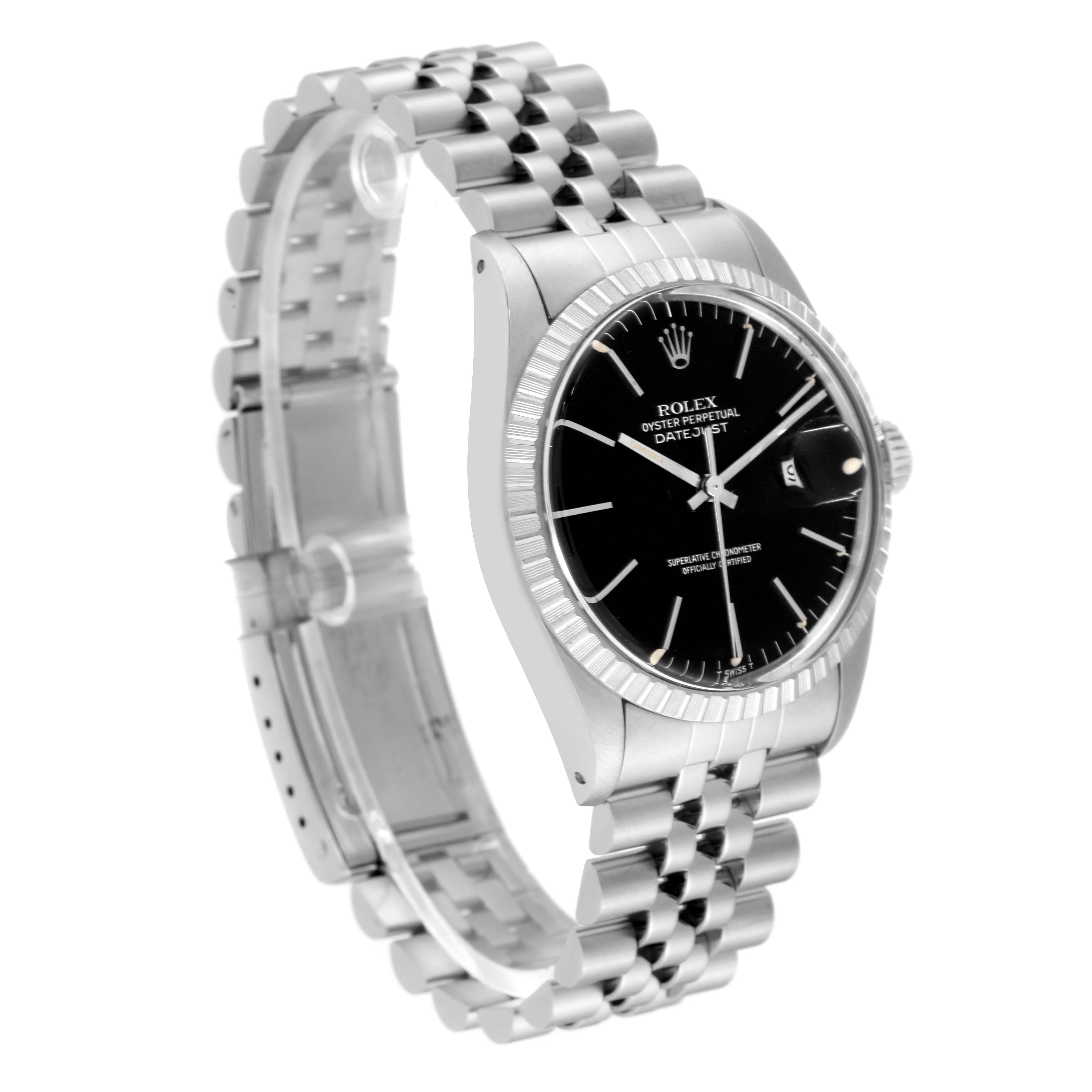 The Rolex Vintage Collection 16030 Men's Stainless Steel Black Dial 16030 Men's Stainless Steel Black Dial model watch is shown at a side angle, displaying its face, bezel, and bracelet.