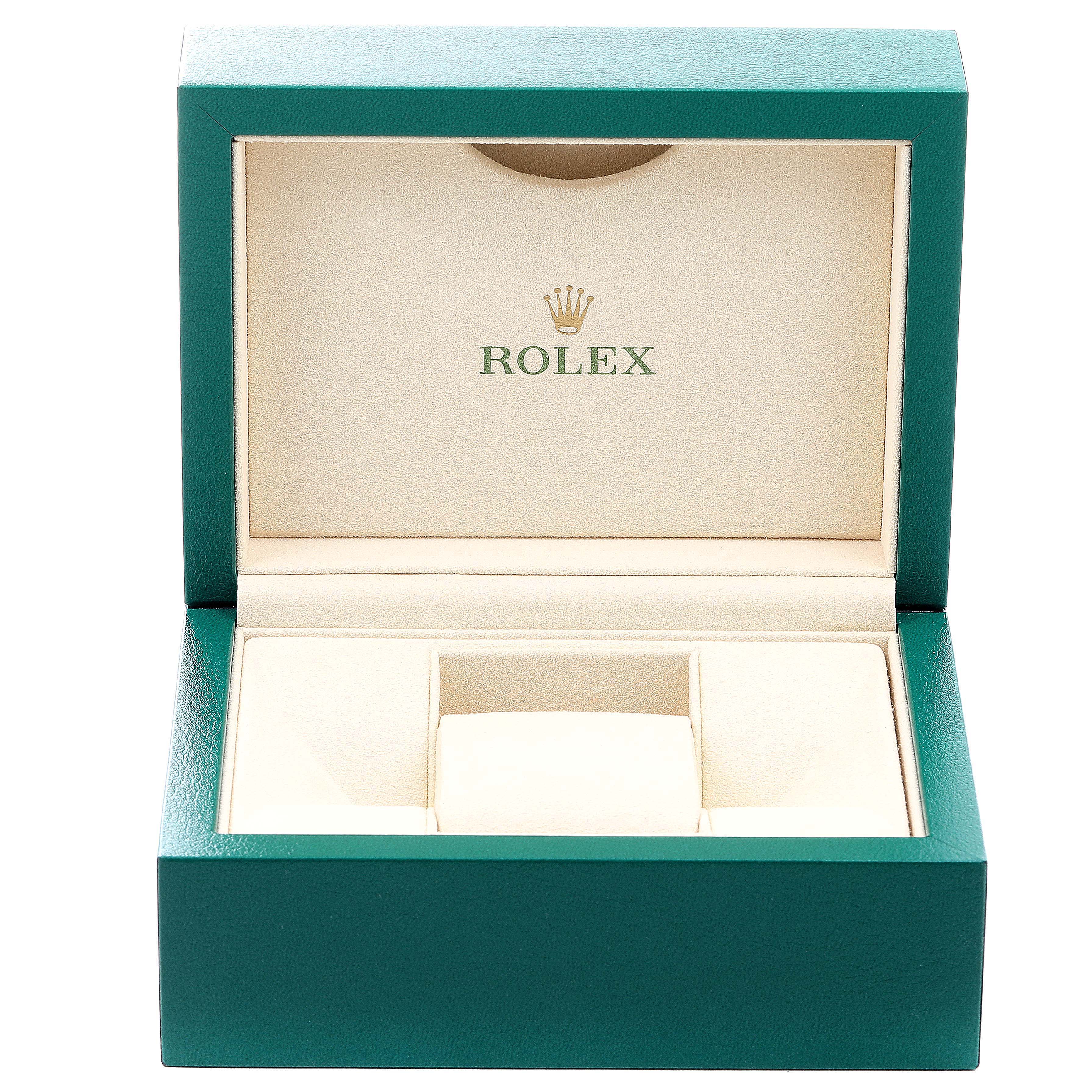 This image shows an open green and beige Rolex Datejust 179171 Women's Steel and Gold (two tone) Mother of Pearl Dial 179171 Women's Steel and Gold (two tone) Mother of Pearl Dial watch box from a frontal angle.