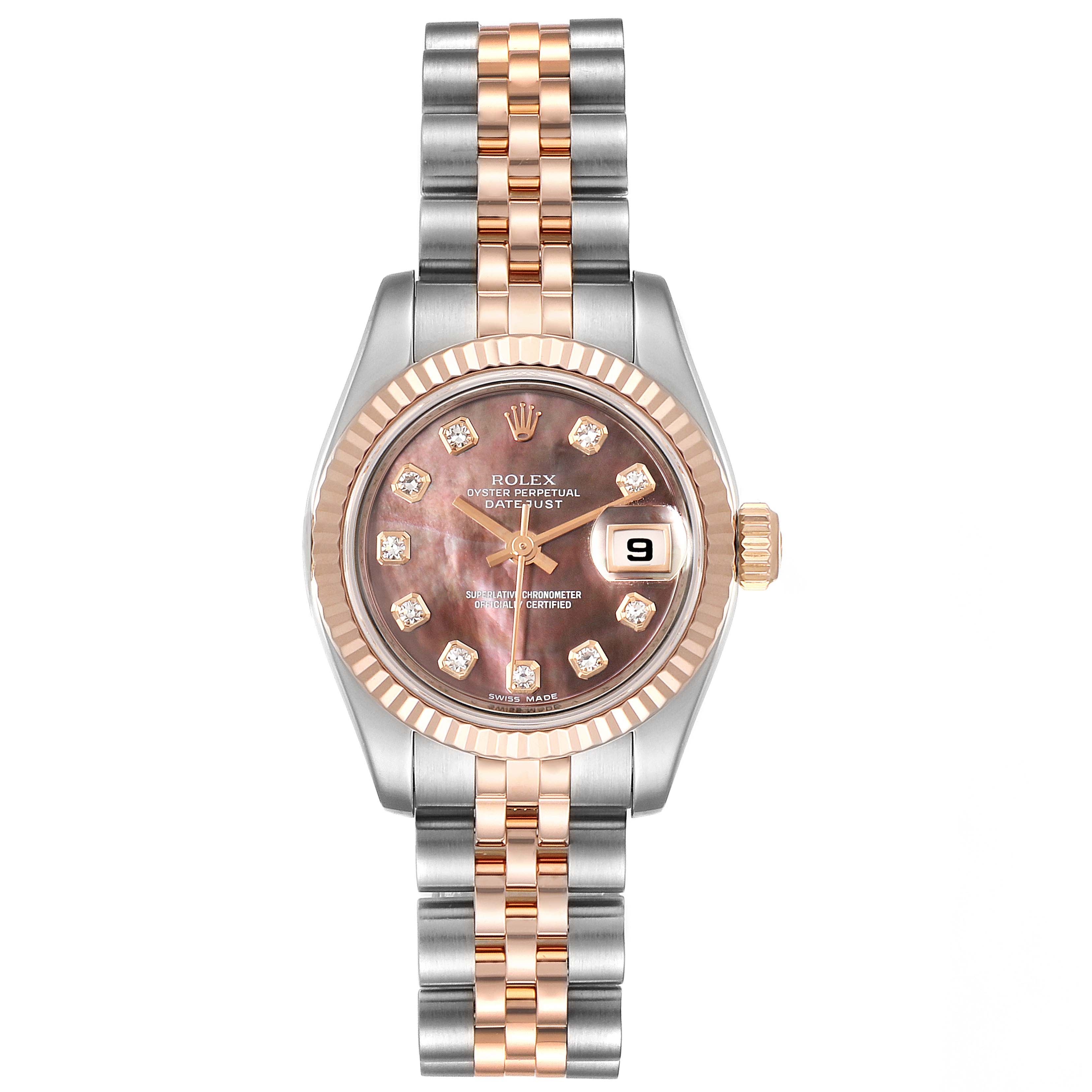 This image shows a Rolex Datejust 179171 Women's Steel and Gold (two tone) Mother of Pearl Dial 179171 Women's Steel and Gold (two tone) Mother of Pearl Dial watch from a front angle, highlighting its face, bezel, crown, and two-tone bracelet.