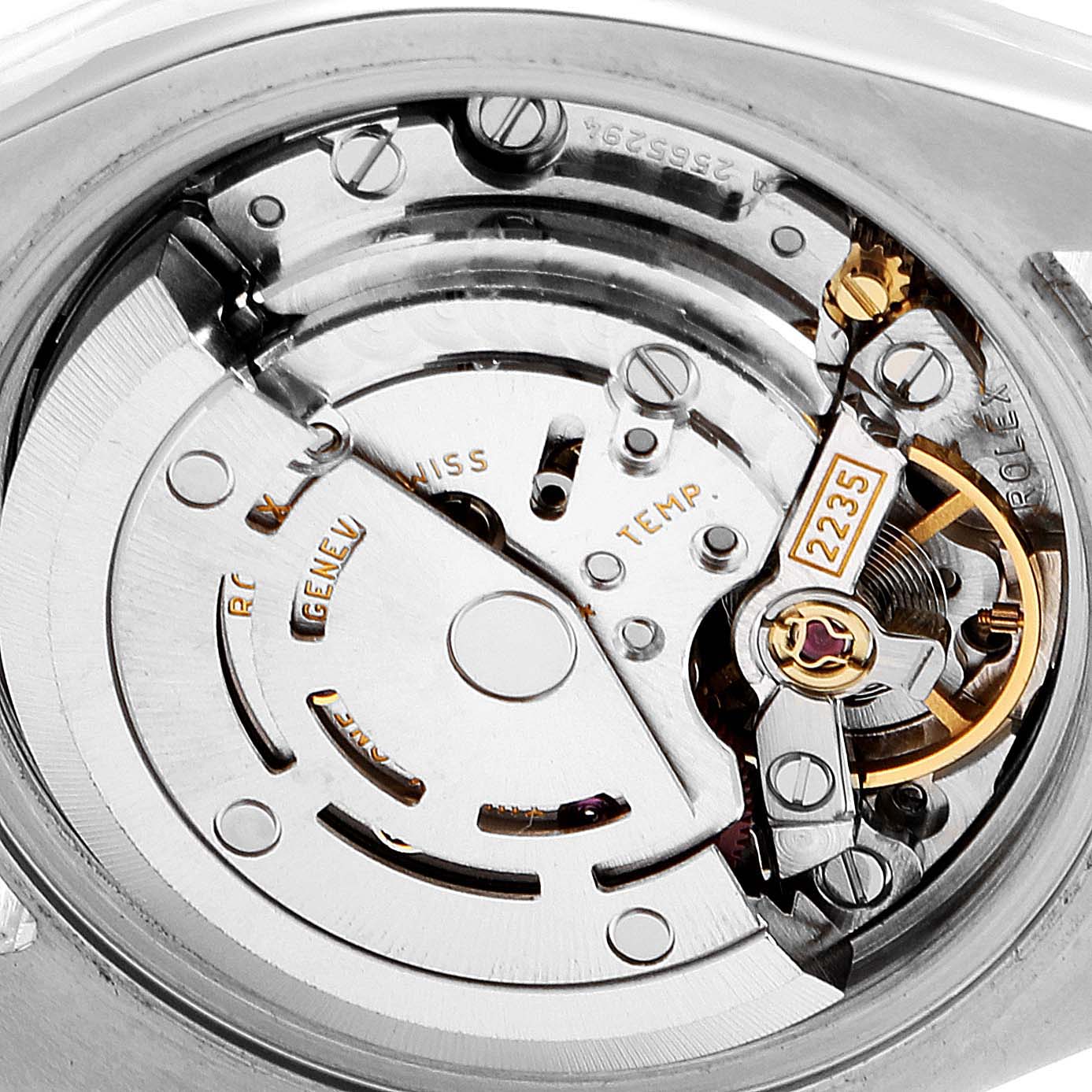 This image shows a close-up view of the Rolex Datejust 179171 Women's Steel and Gold (two tone) Mother of Pearl Dial 179171 Women's Steel and Gold (two tone) Mother of Pearl Dial watch's movement mechanism from the back.