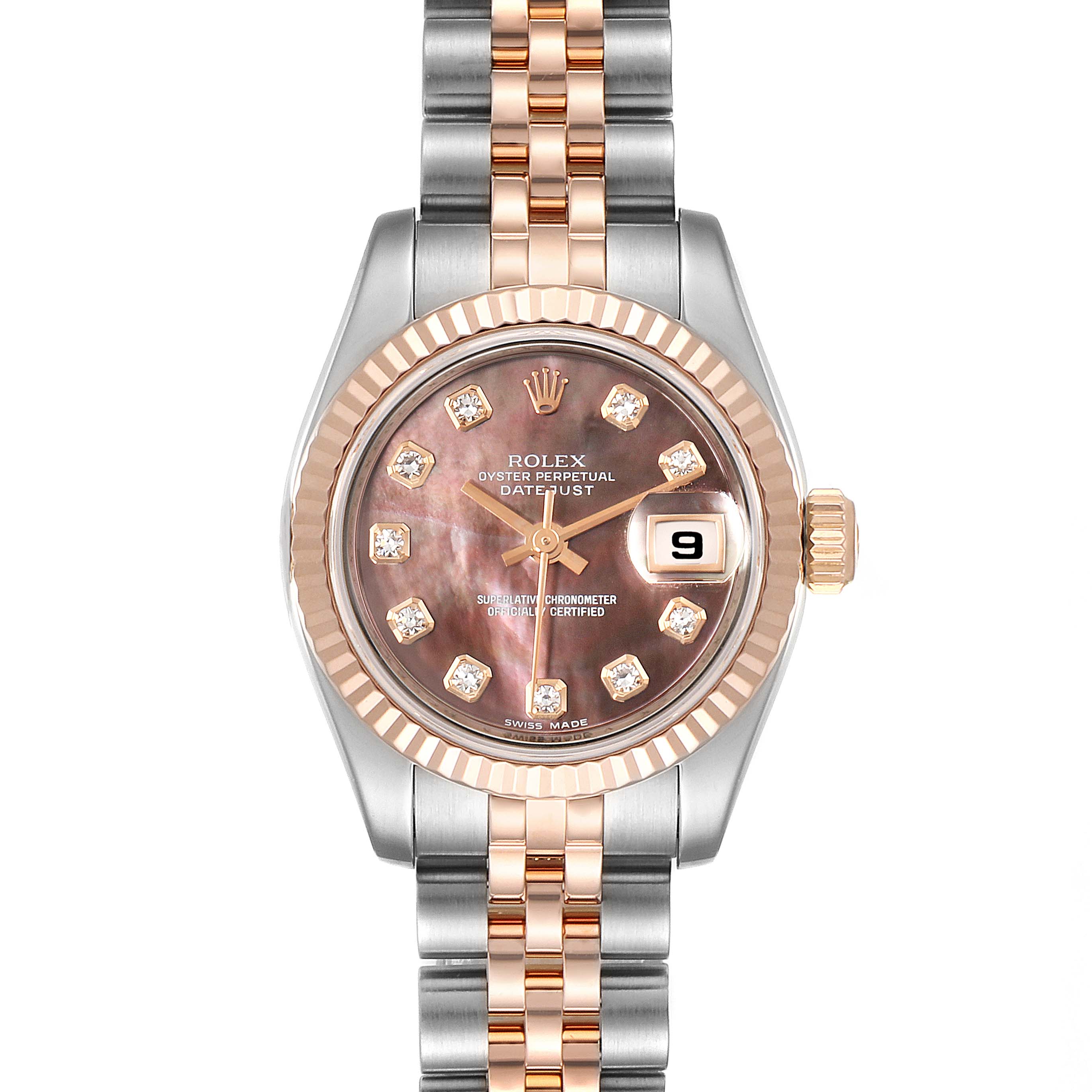 This image shows a frontal view of a Rolex Datejust 179171 Women's Steel and Gold (two tone) Mother of Pearl Dial 179171 Women's Steel and Gold (two tone) Mother of Pearl Dial model, displaying its dial, bezel, crown, and two-tone bracelet.