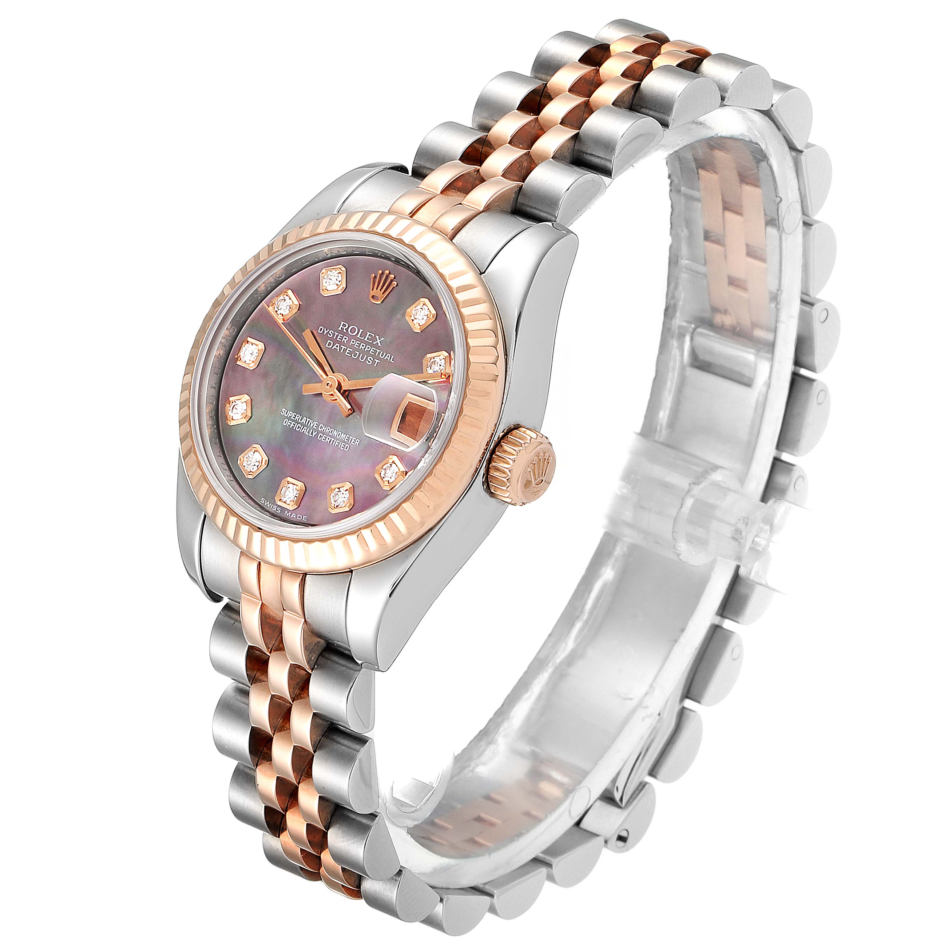The image shows a side and angled view of a Rolex Datejust 179171 Women's Steel and Gold (two tone) Mother of Pearl Dial 179171 Women's Steel and Gold (two tone) Mother of Pearl Dial watch, highlighting the bezel, crown, dial, and bracelet.