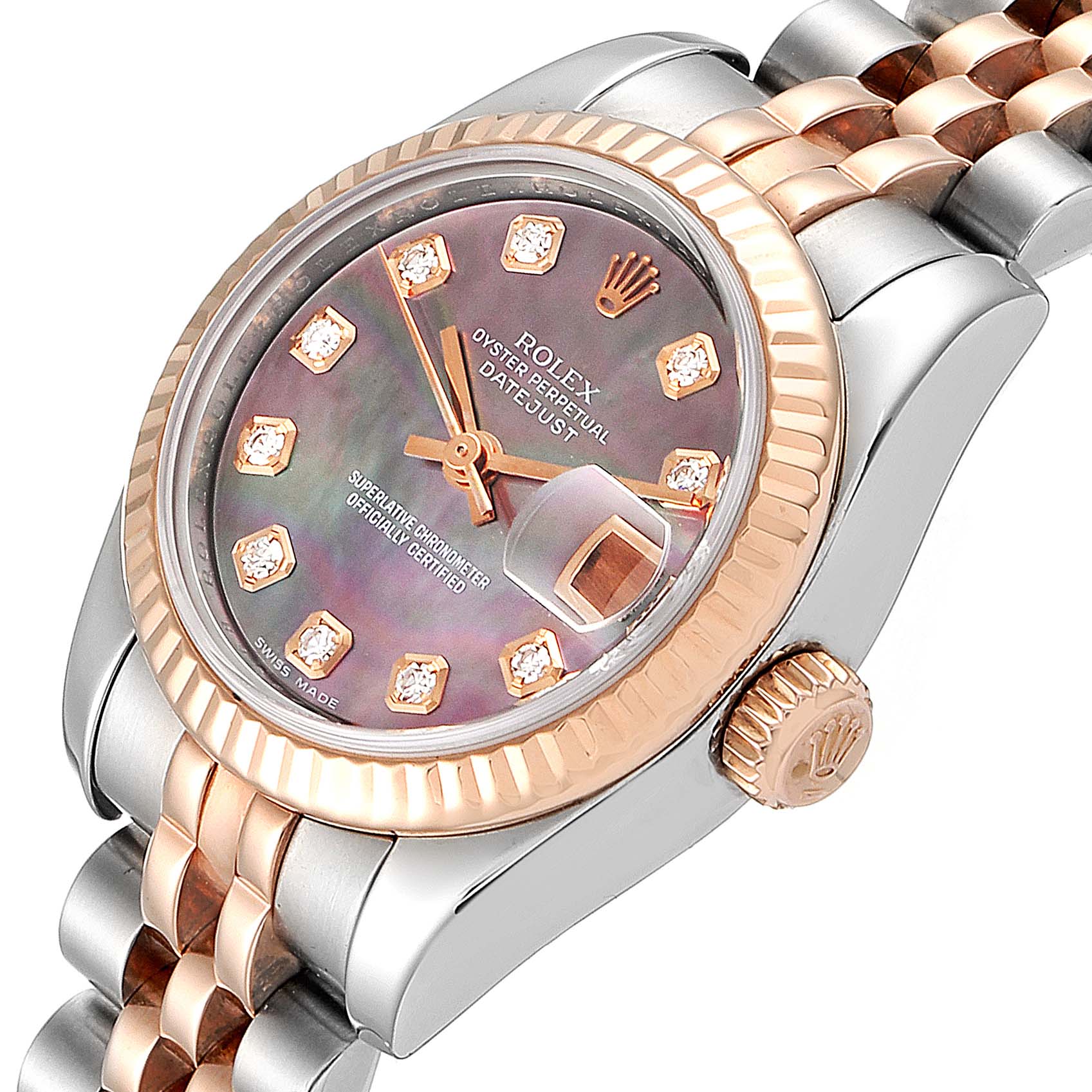 The image shows a close-up of a Rolex Datejust 179171 Women's Steel and Gold (two tone) Mother of Pearl Dial 179171 Women's Steel and Gold (two tone) Mother of Pearl Dial watch face, crown, and part of the bracelet at a slight angle.