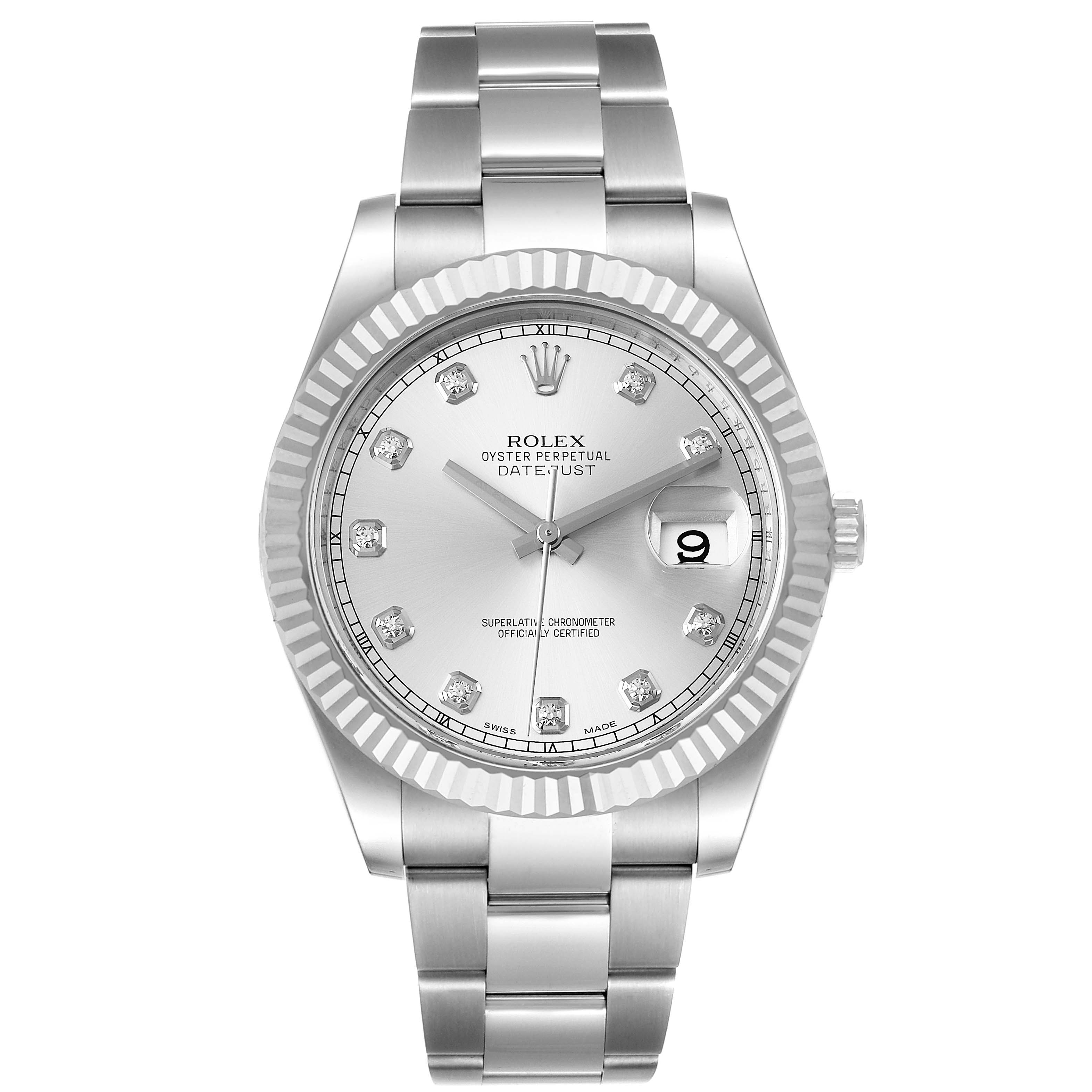 The image shows the front view of the Rolex Datejust 41 116334 Men
s Stainless Steel Silver Dial 116334 Men
s Stainless Steel Silver Dial model, featuring its dial, bezel, and bracelet.