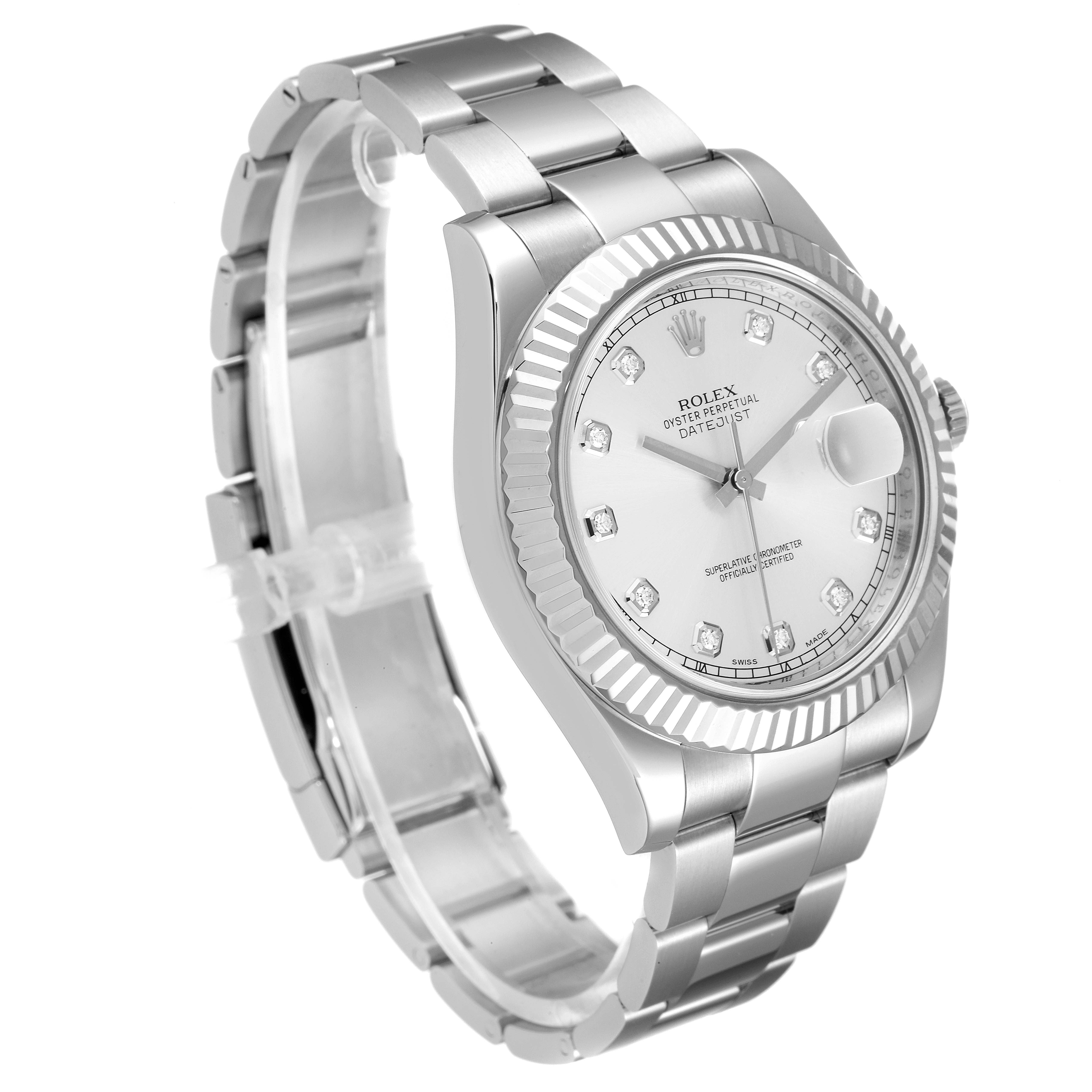 The image shows a Rolex Datejust 41 116334 Men
s Stainless Steel Silver Dial 116334 Men
s Stainless Steel Silver Dial watch from a three-quarter angle, highlighting its silver bracelet, fluted bezel, and face with diamond markers.