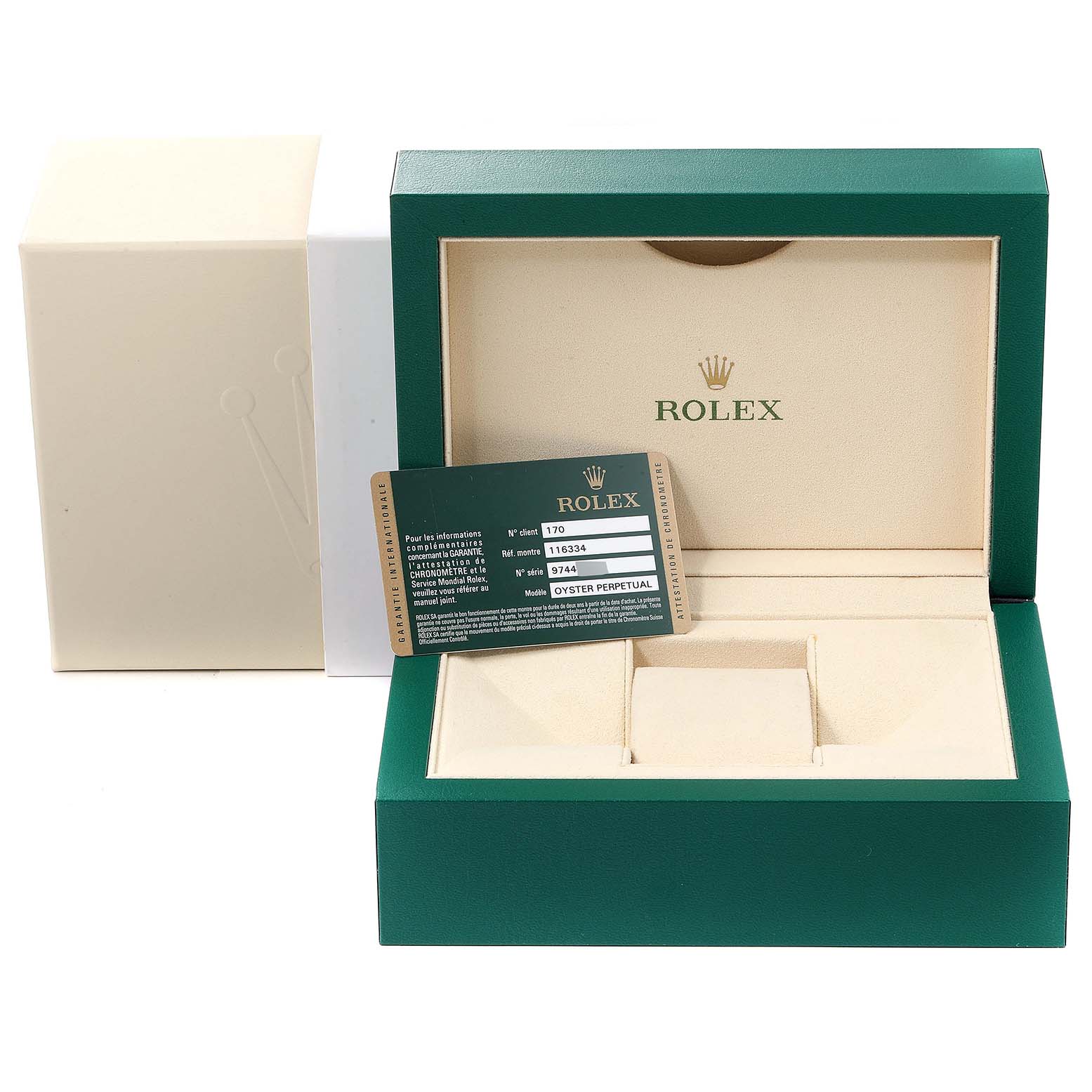 The image shows the packaging and warranty card for a Rolex Datejust 41 116334 Men
s Stainless Steel Silver Dial 116334 Men
s Stainless Steel Silver Dial model.