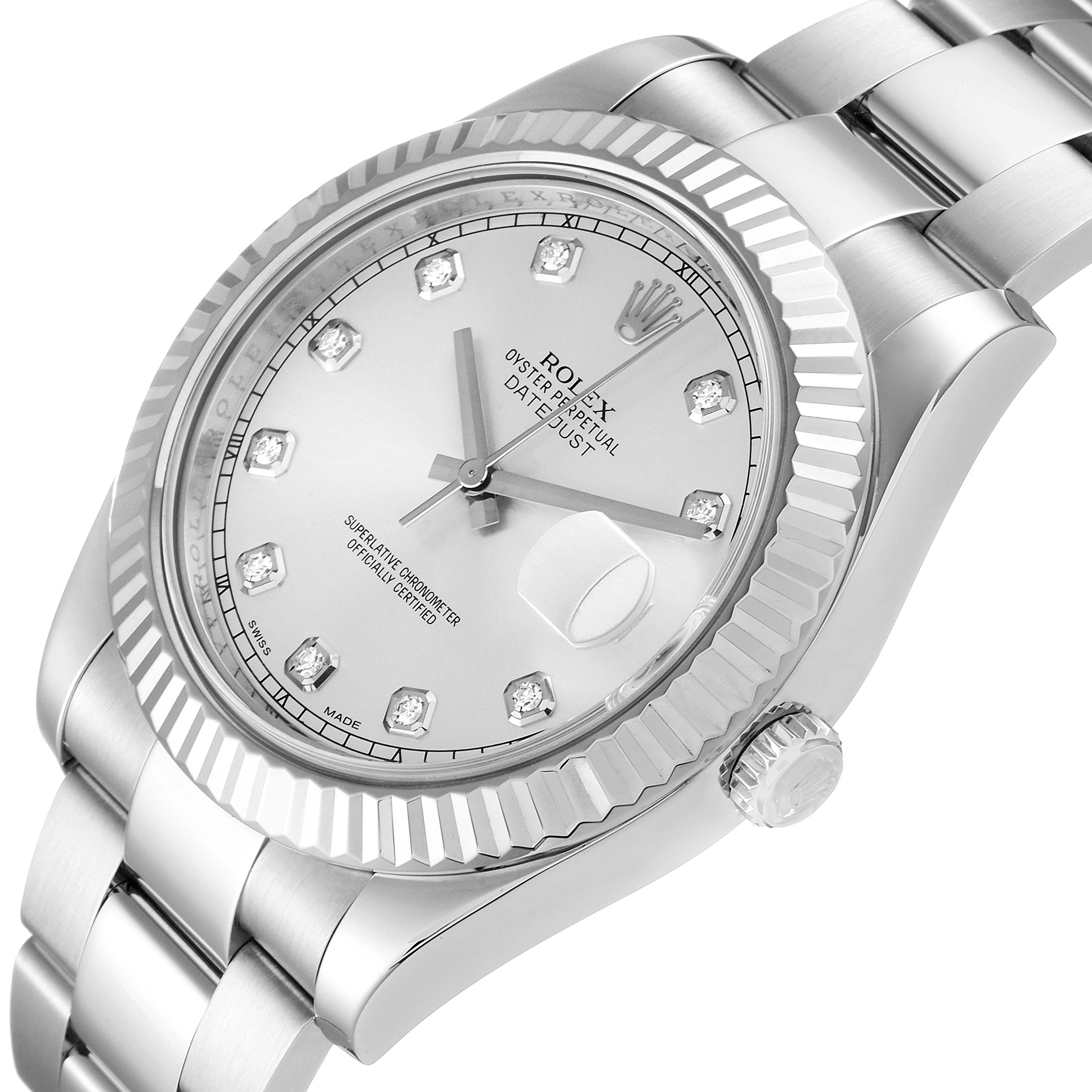 The image shows a close-up, angled view of the Rolex Datejust 41 116334 Men
s Stainless Steel Silver Dial 116334 Men
s Stainless Steel Silver Dial, highlighting the dial, bezel, and bracelet.
