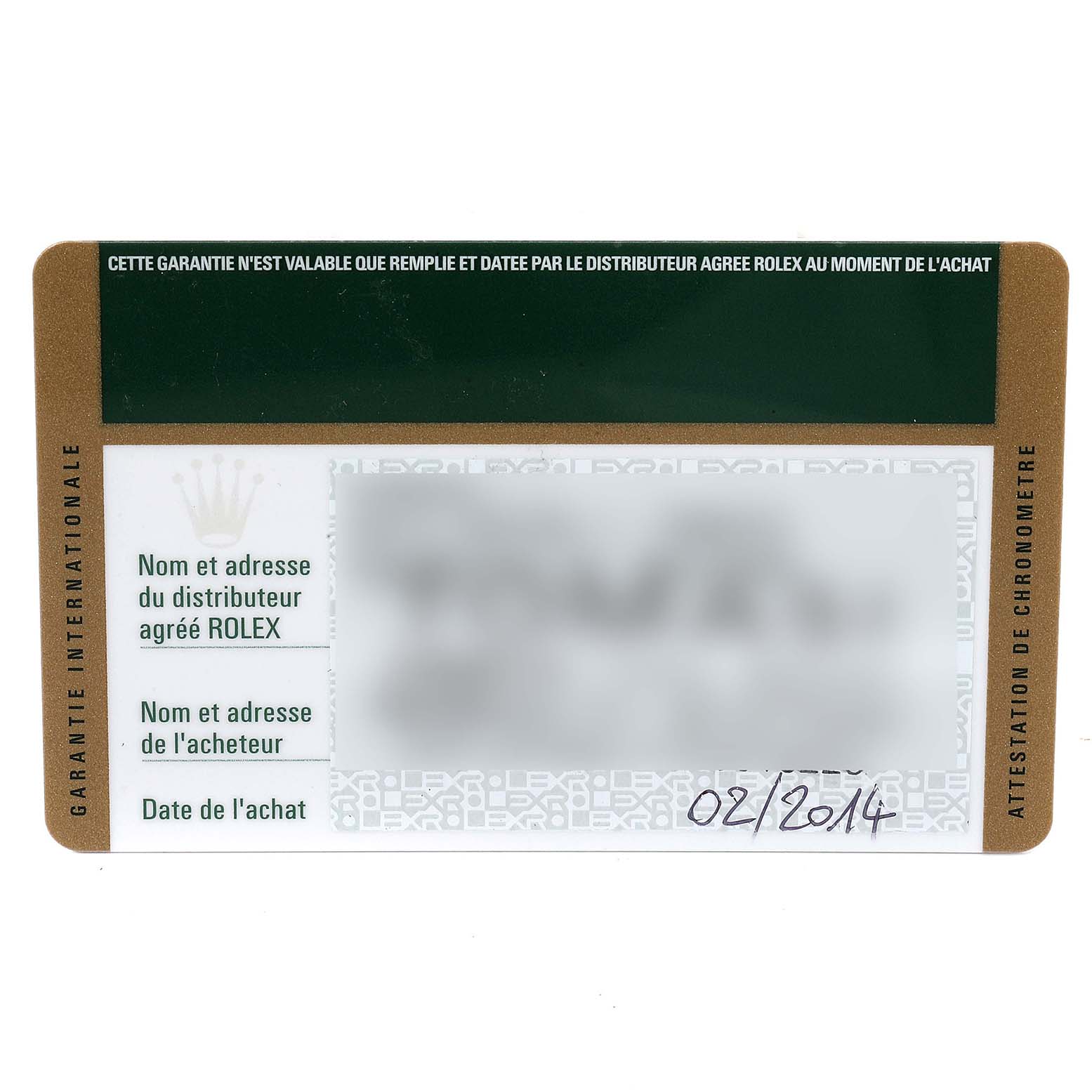 The image shows a close-up of the international warranty card for a Rolex Datejust 41 116334 Men
s Stainless Steel Silver Dial 116334 Men
s Stainless Steel Silver Dial watch.