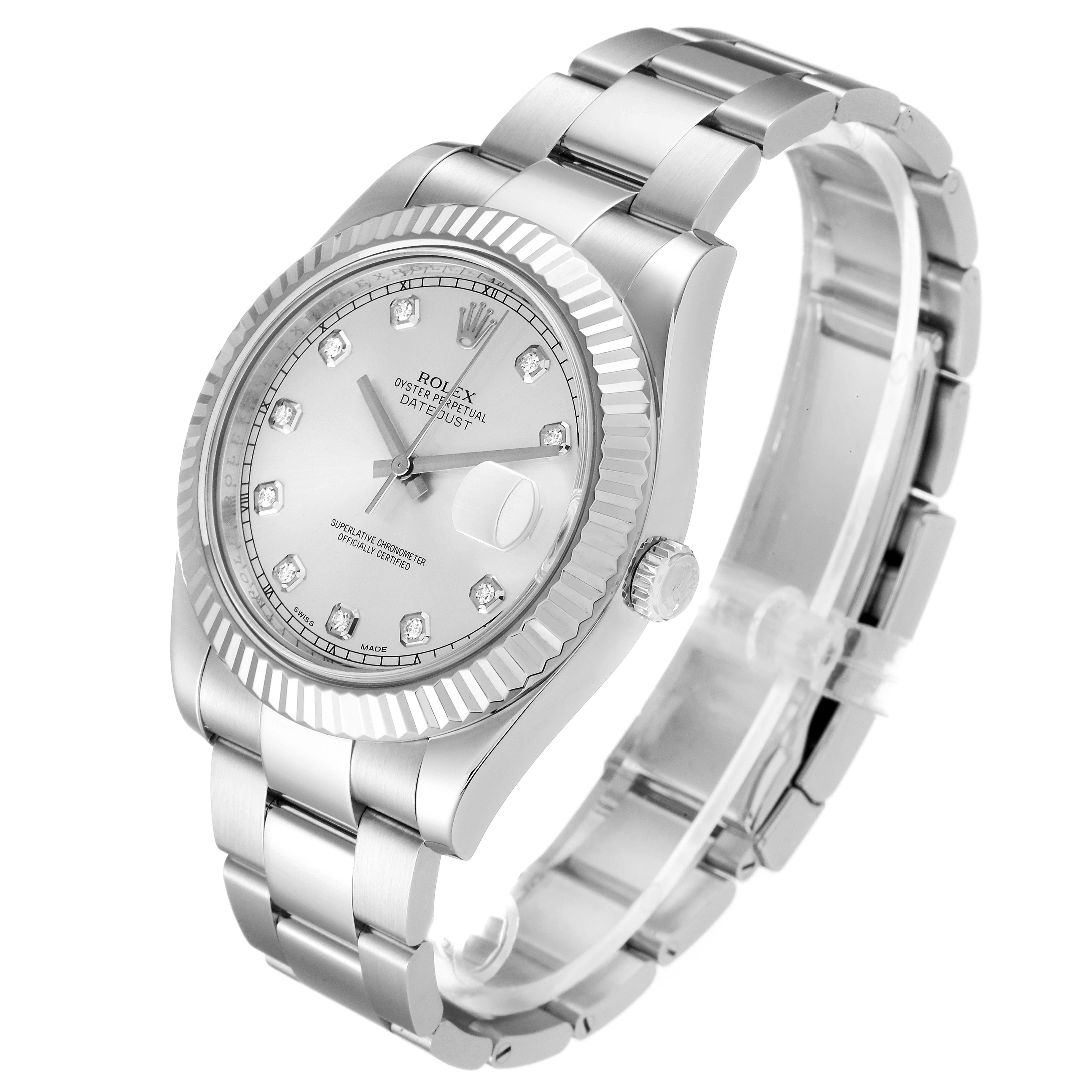 The Rolex Datejust 41 116334 Men
s Stainless Steel Silver Dial 116334 Men
s Stainless Steel Silver Dial watch is shown at a slight side angle, showcasing its bezel, dial, crown, and bracelet.