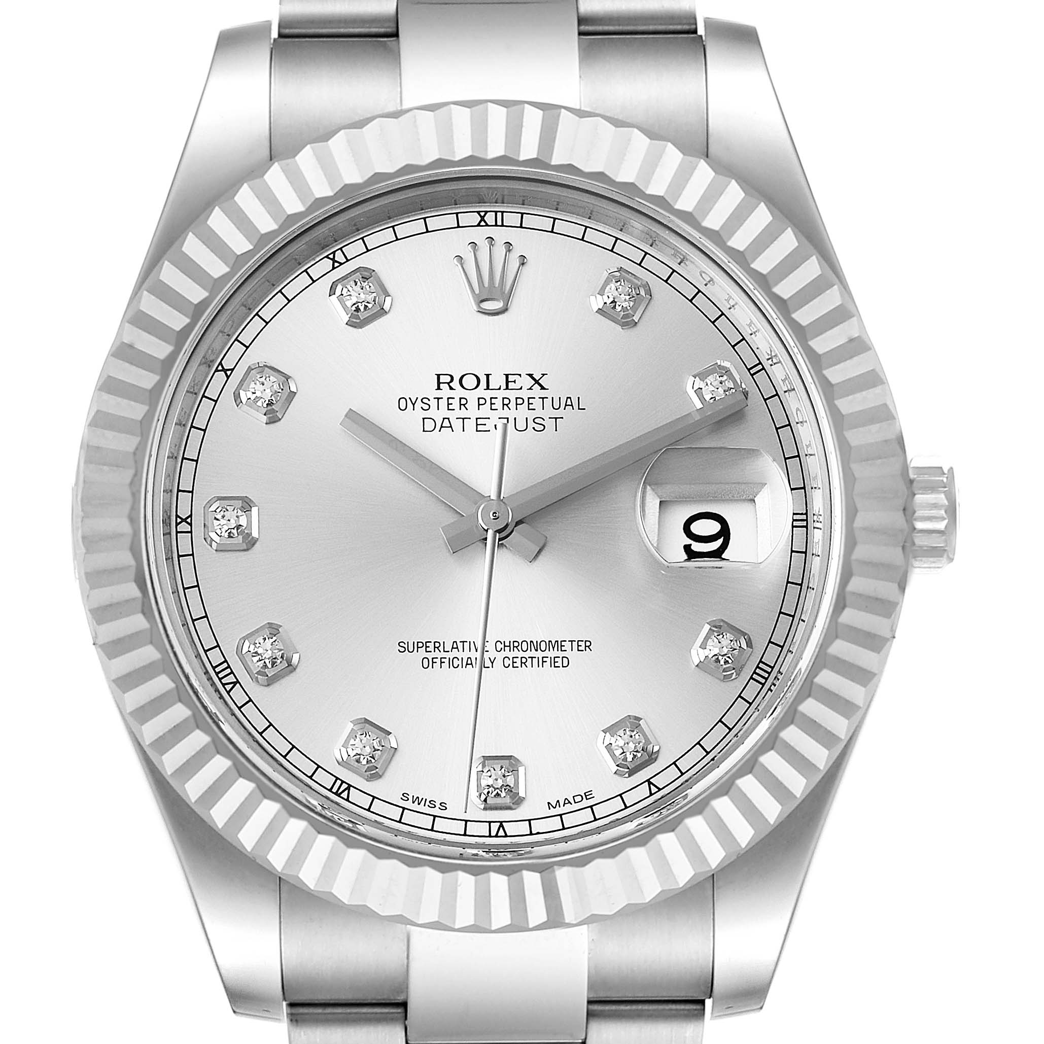The Rolex Datejust 41 116334 Men
s Stainless Steel Silver Dial 116334 Men
s Stainless Steel Silver Dial model is depicted from a front angle showcasing its silver dial, bezel, and bracelet.