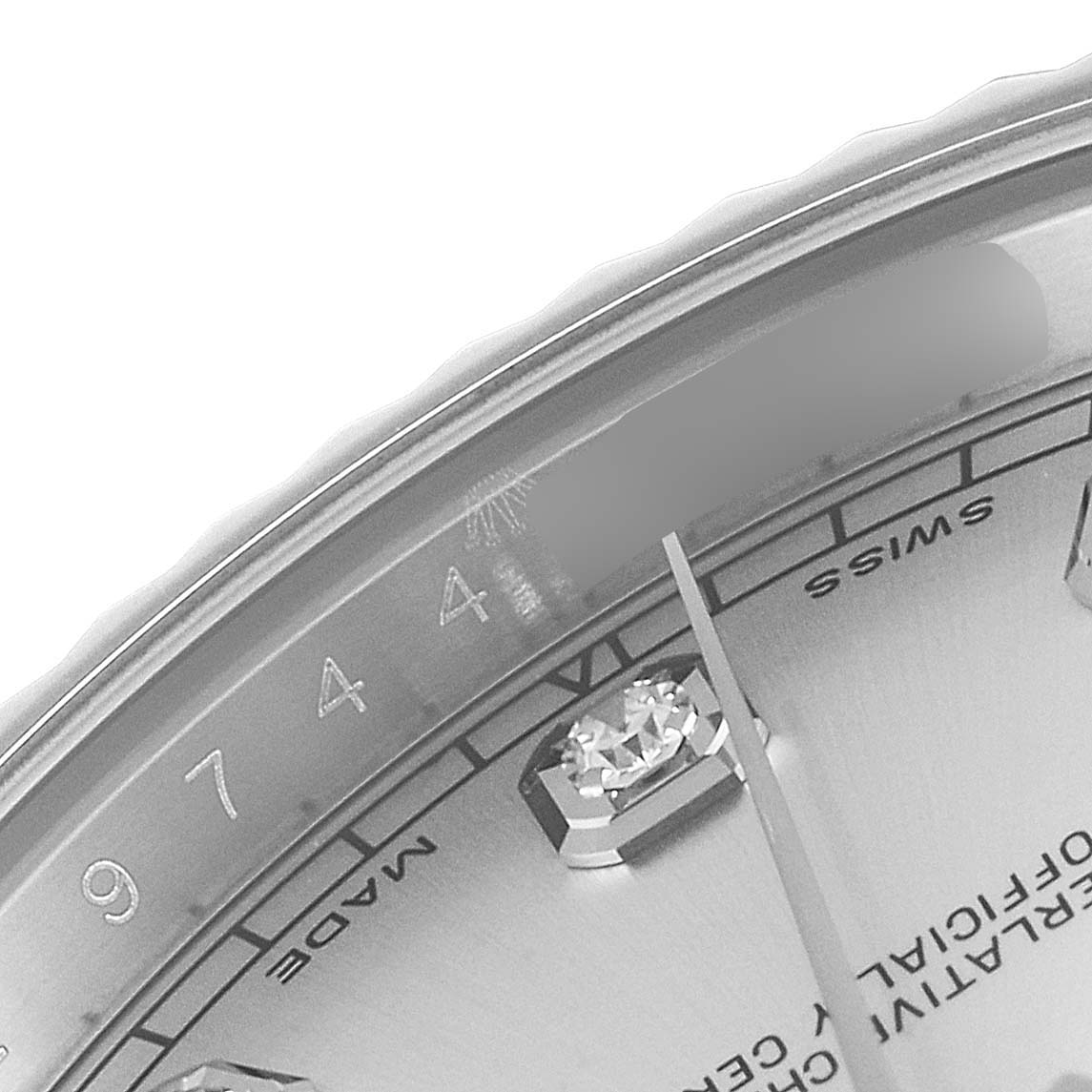 The image shows a close-up of the dial, hands, and bezel of a Rolex Datejust 41 116334 Men
s Stainless Steel Silver Dial 116334 Men
s Stainless Steel Silver Dial watch.