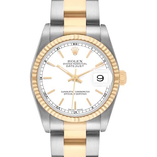 The Rolex Datejust 78273 Women's Steel and Gold (two tone) White Dial watch is shown from the front, highlighting its bezel, dial, hands, and bracelet.