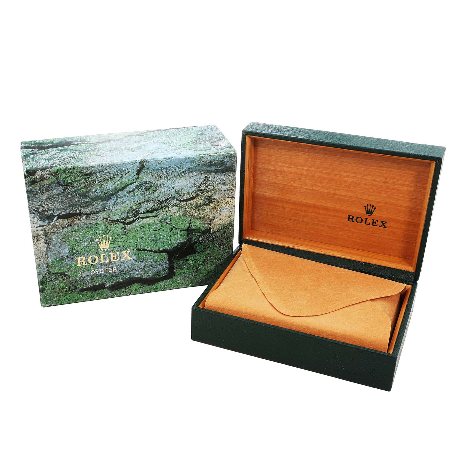 The image shows a green Rolex Datejust 78273 Women's Steel and Gold (two tone) White Dial box with its lid open next to its branded outer packaging.