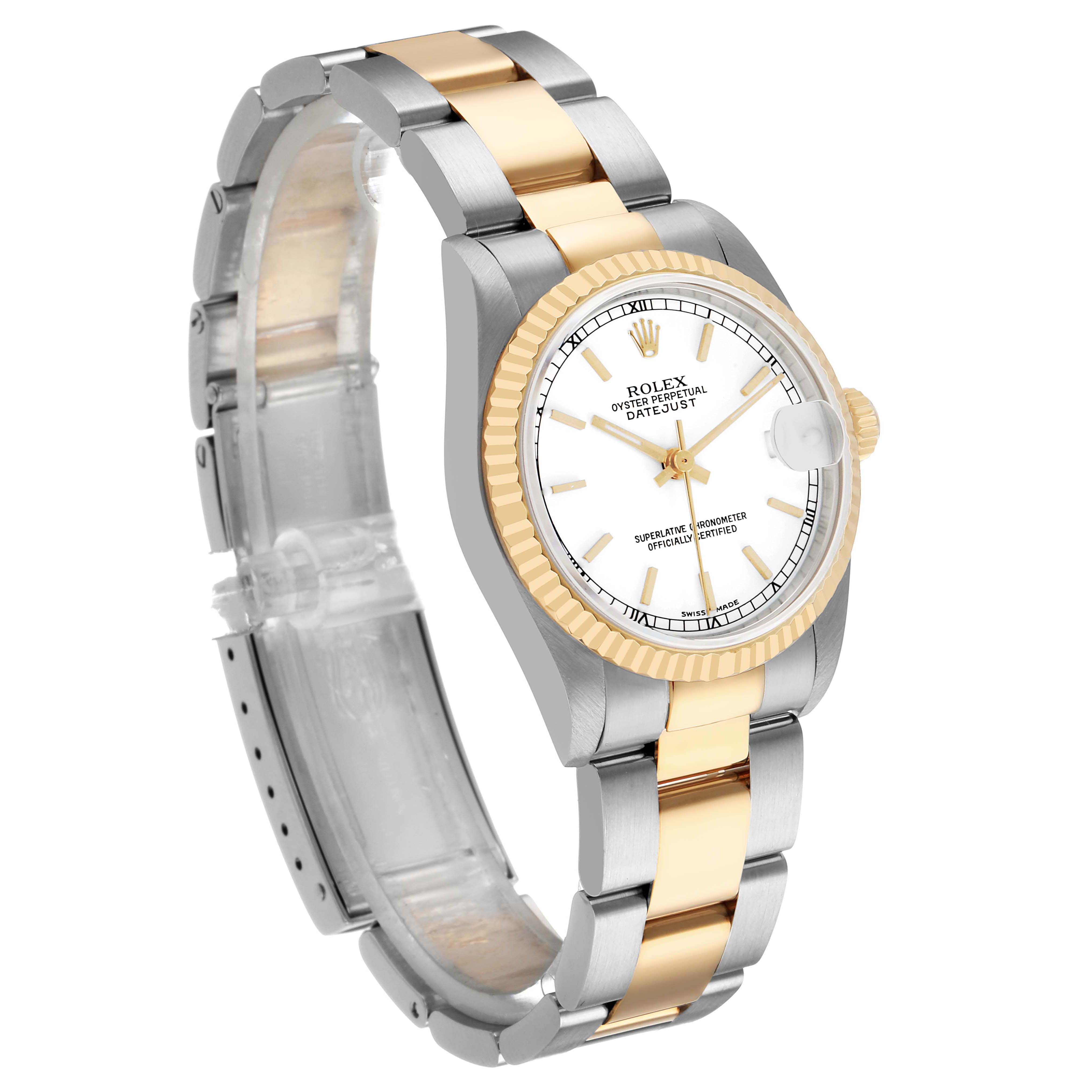 The Rolex Datejust 78273 Women's Steel and Gold (two tone) White Dial watch is shown at an angled three-quarter view, highlighting the dial, fluted bezel, and two-tone bracelet.