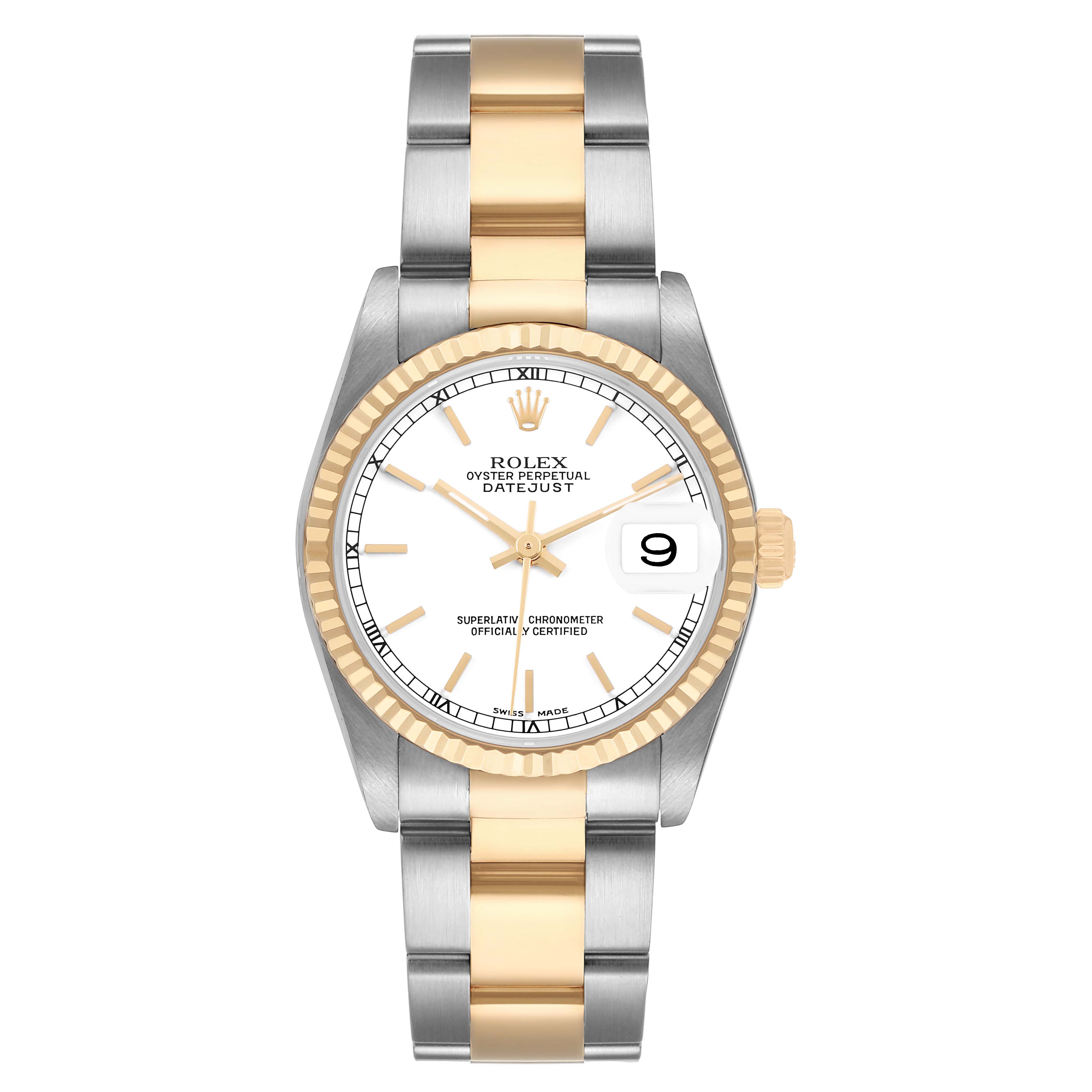 The Rolex Datejust 78273 Women's Steel and Gold (two tone) White Dial watch is shown from a top-down angle, highlighting its two-tone bracelet and fluted bezel.