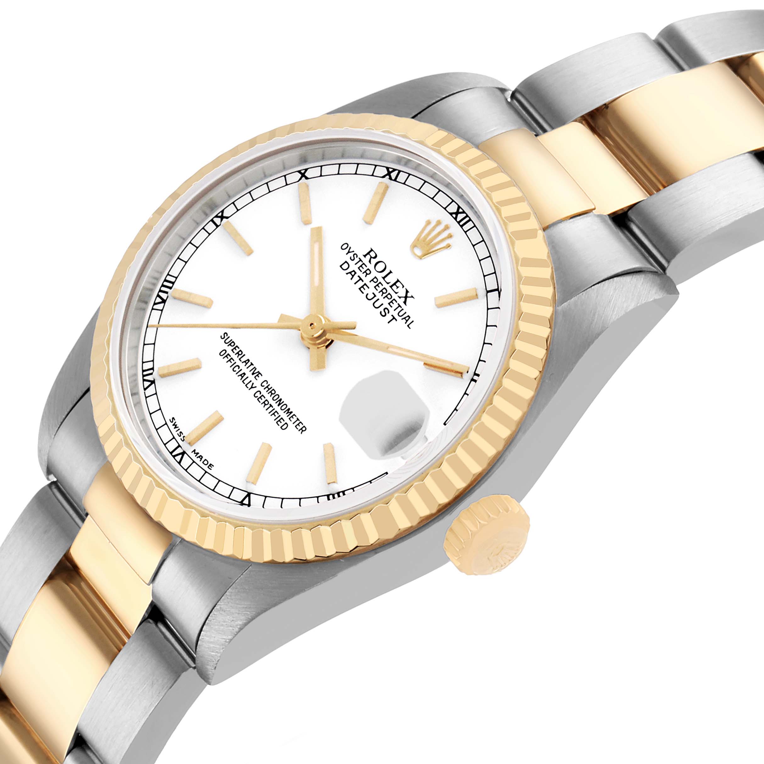 The Rolex Datejust 78273 Women's Steel and Gold (two tone) White Dial watch is shown from a high-angle close-up, highlighting the dial, fluted bezel, crown, and bracelet.