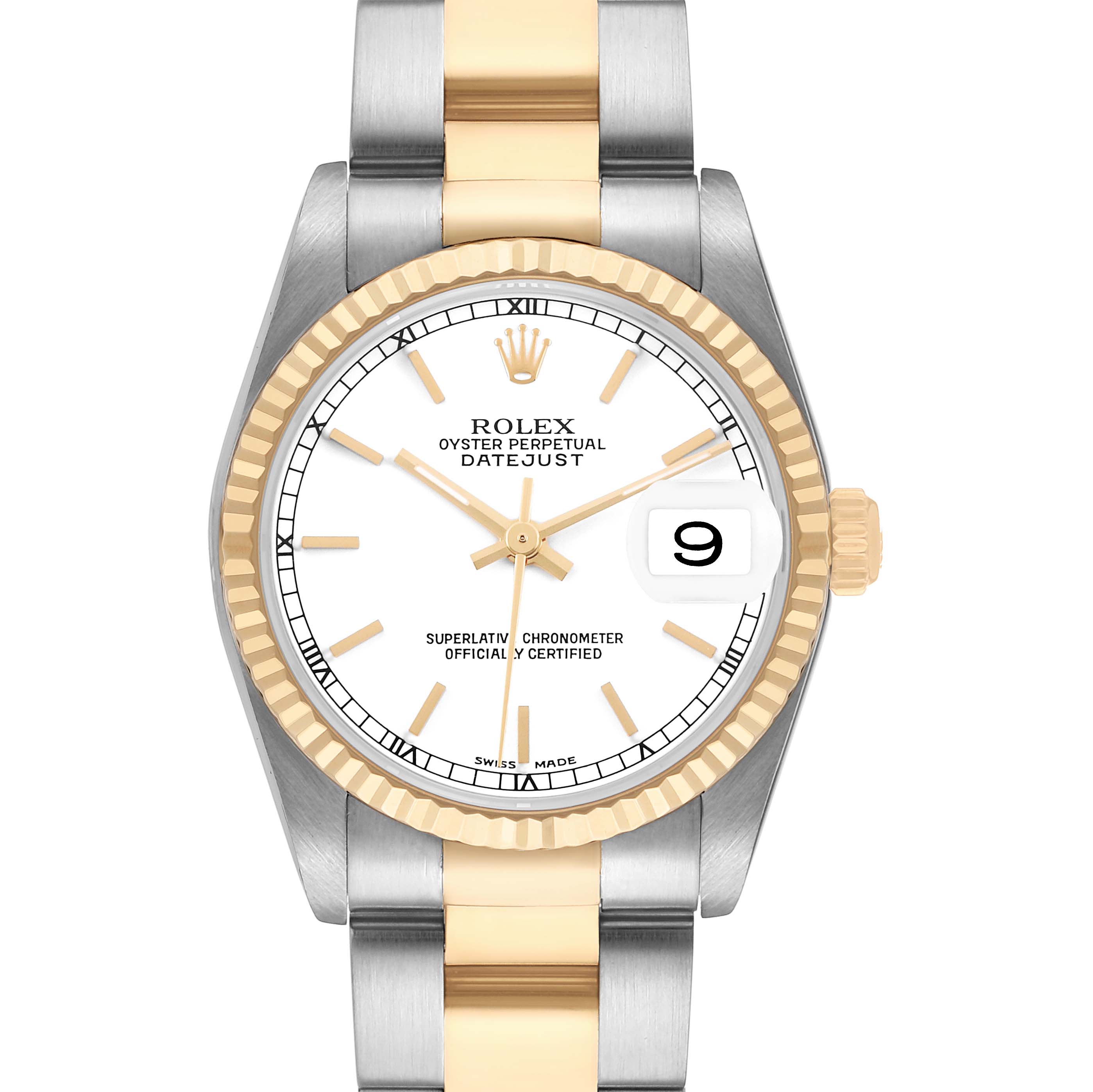 The Rolex Datejust 78273 Women's Steel and Gold (two tone) White Dial watch is shown from the front, displaying the dial, fluted bezel, bracelet, and cyclops date window.