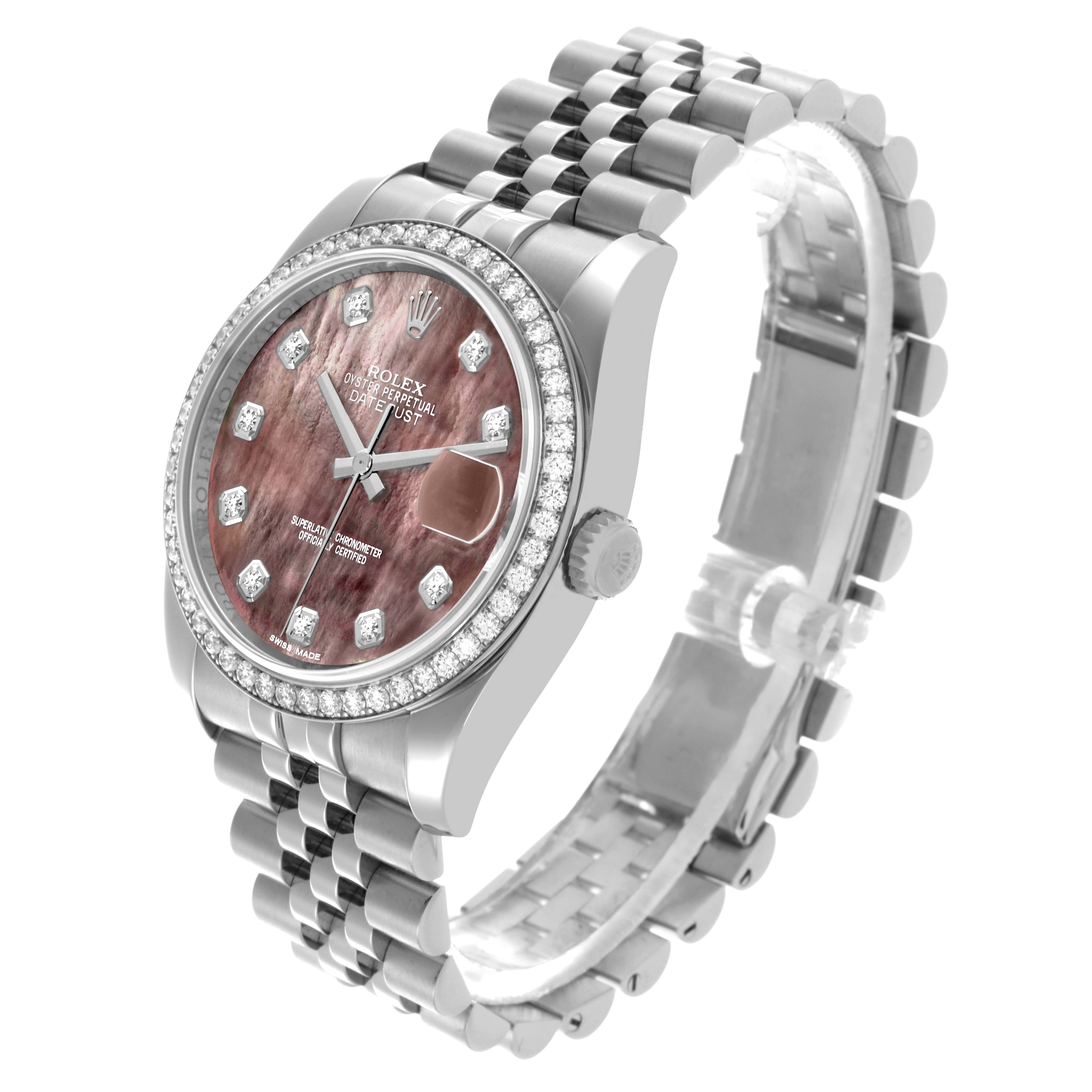 The Rolex Datejust 116244 Men's Stainless Steel Mother of Pearl Dial 116244 Men's Stainless Steel Mother of Pearl Dial watch is shown at a three-quarter angle, highlighting the face, bezel, crown, and bracelet.