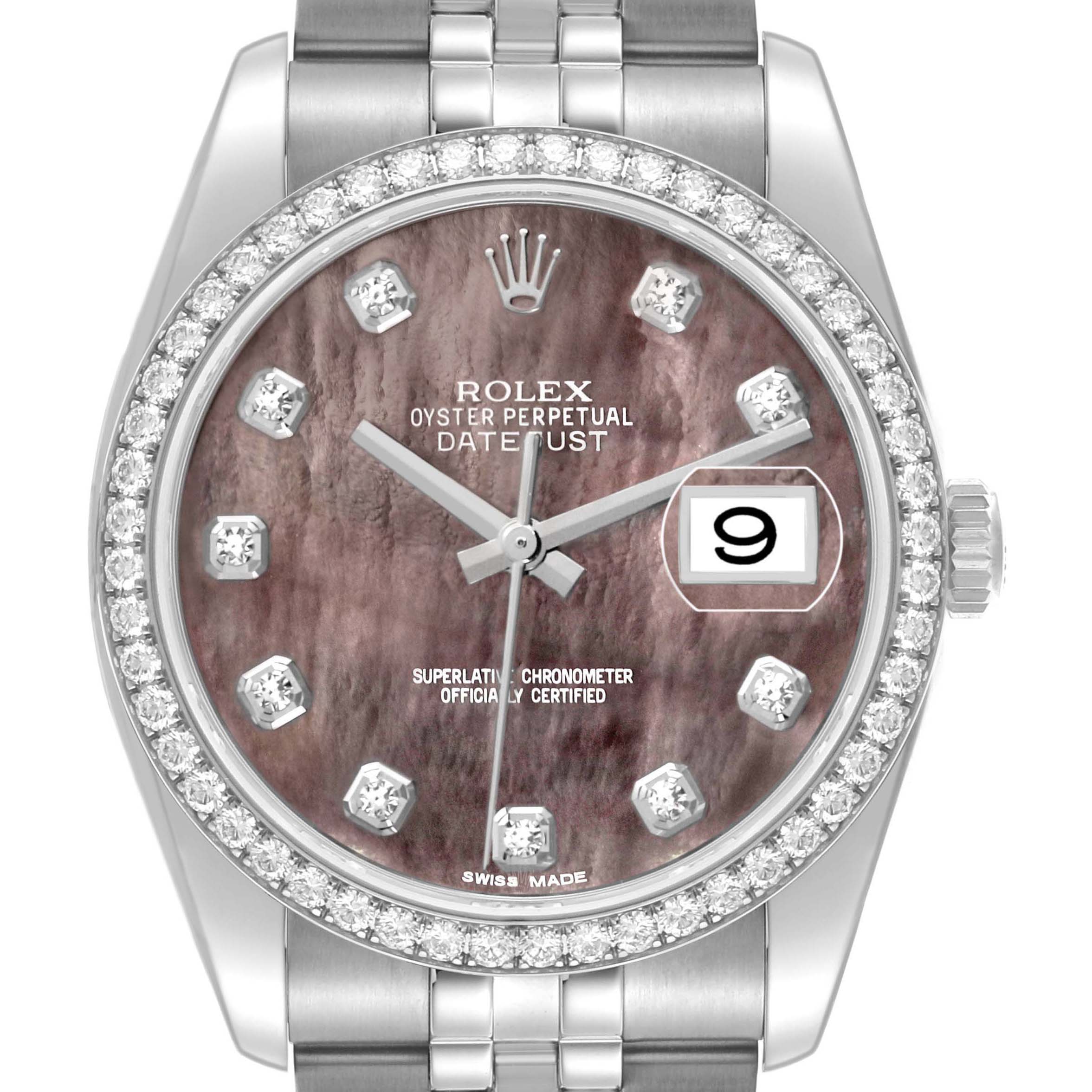 The image shows a frontal view of the Rolex Datejust 116244 Men's Stainless Steel Mother of Pearl Dial, highlighting its diamond bezel, oyster bracelet, and date window.