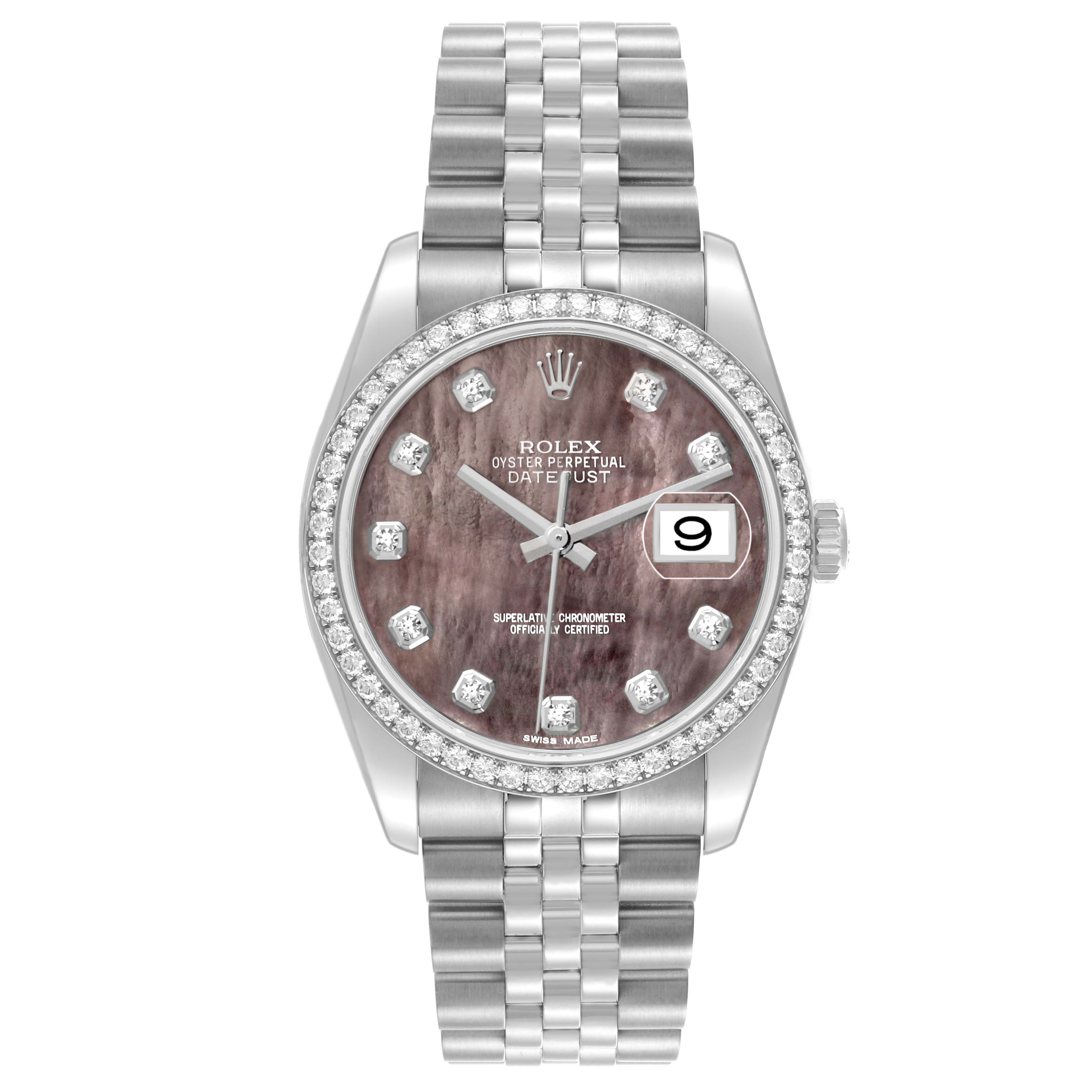 The Rolex Datejust 116244 Men's Stainless Steel Mother of Pearl Dial watch is shown from the front, featuring its dial, bezel, crown, and bracelet.
