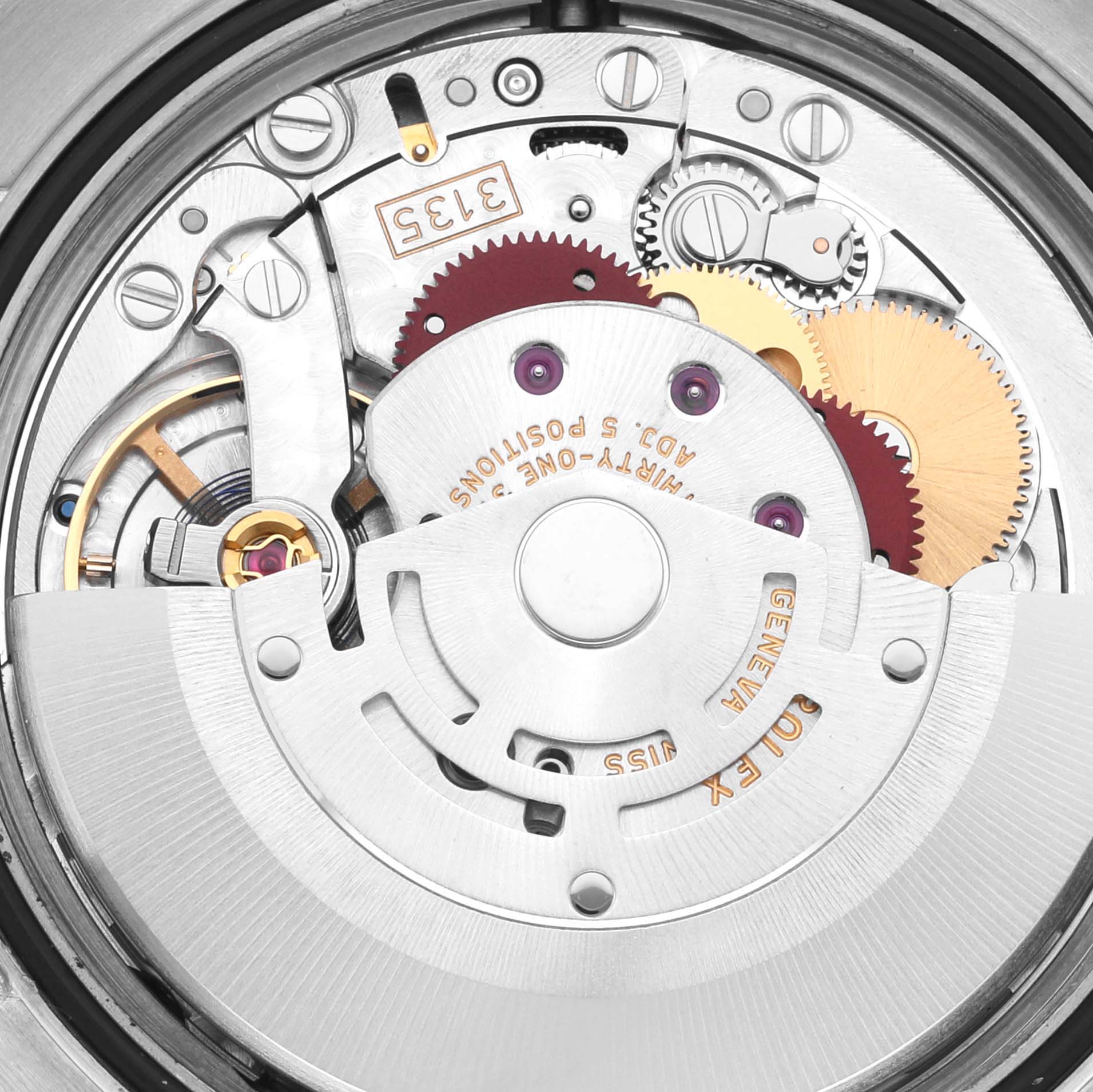 This is a close-up view of the Rolex Datejust 116244 Men's Stainless Steel Mother of Pearl Dial 116244 Men's Stainless Steel Mother of Pearl Dial movement showing gears, rotor, and intricate mechanical parts.