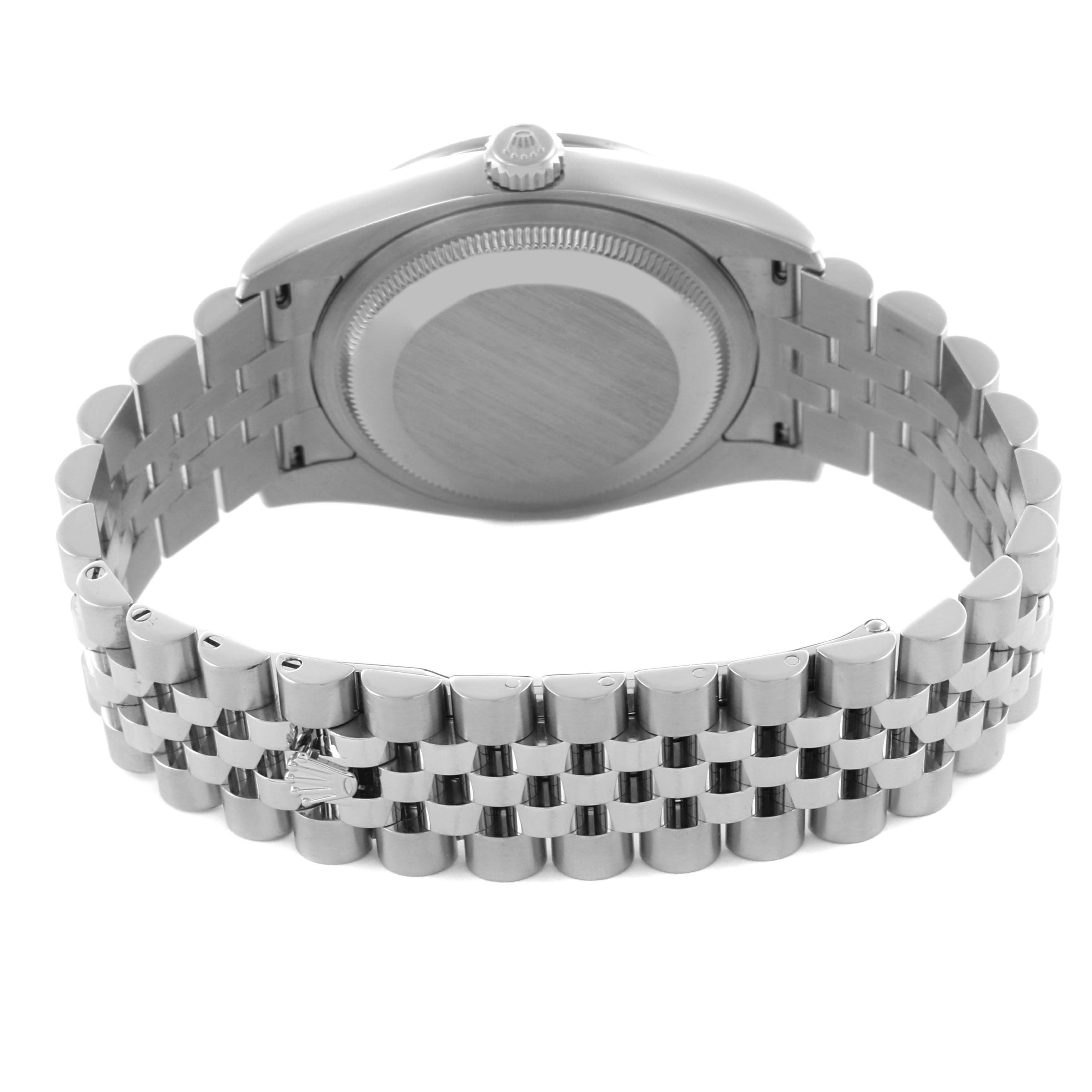 The image shows the back view of the Rolex Datejust 116244 Men's Stainless Steel Mother of Pearl Dial 116244 Men's Stainless Steel Mother of Pearl Dial watch, highlighting the case back and Jubilee bracelet.