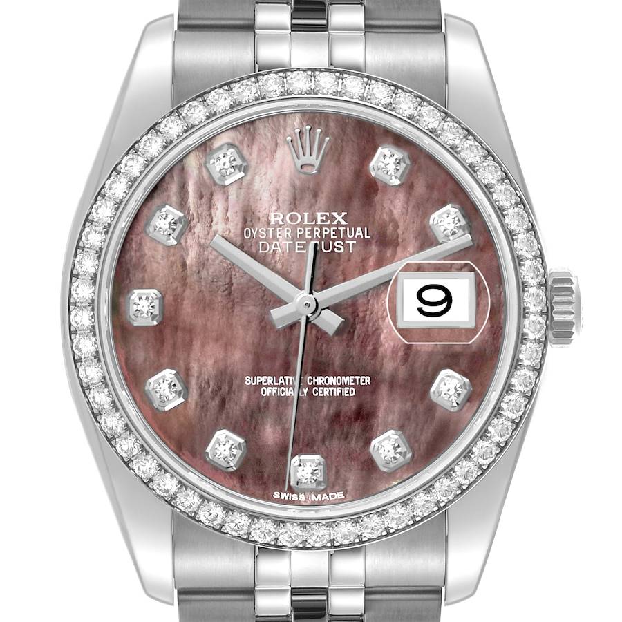 The image shows a frontal view of a Rolex Datejust watch, highlighting its diamond-set bezel, mother-of-pearl dial, and bracelet.