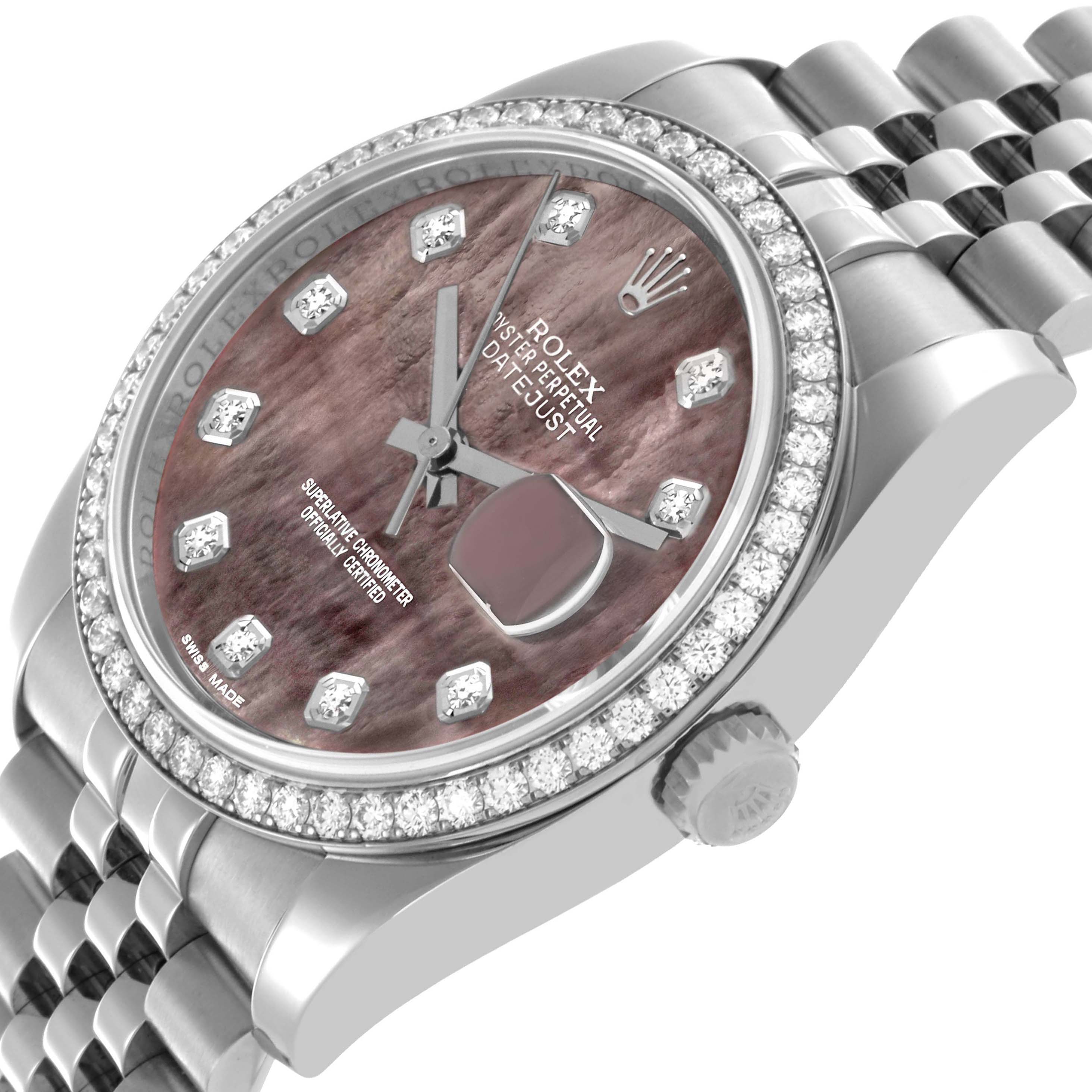 The image shows a Rolex Datejust 116244 Men's Stainless Steel Mother of Pearl Dial watch at an angled top view, highlighting the dial, diamond bezel, and part of the bracelet.