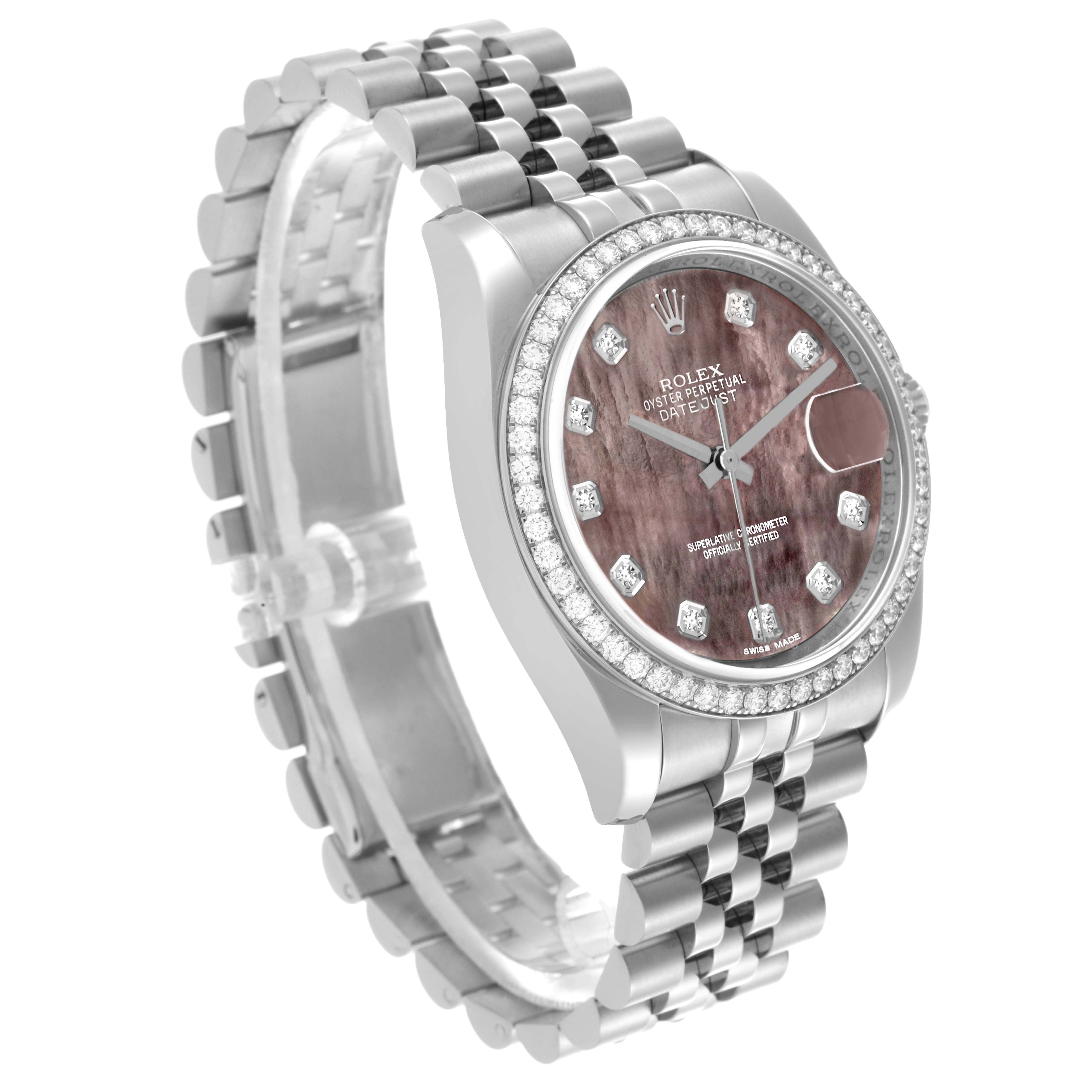 The Rolex Datejust 116244 Men's Stainless Steel Mother of Pearl Dial watch is shown at a three-quarter angle, displaying its face, bezel, and bracelet.