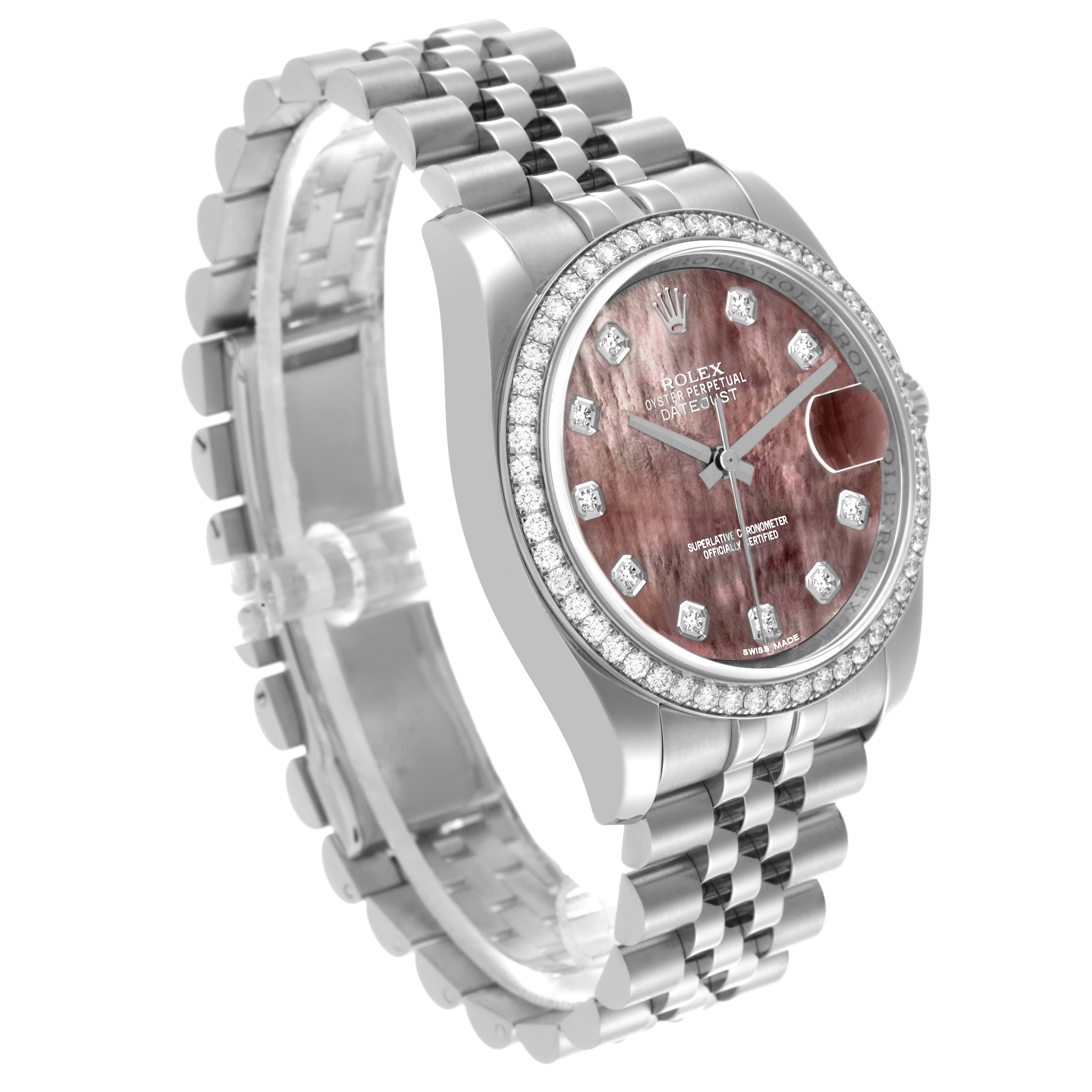 The Rolex Datejust 116244 Men's Stainless Steel Mother of Pearl Dial 116244 Men's Stainless Steel Mother of Pearl Dial watch is shown at a three-quarter angle, highlighting the dial, bezel, and bracelet.