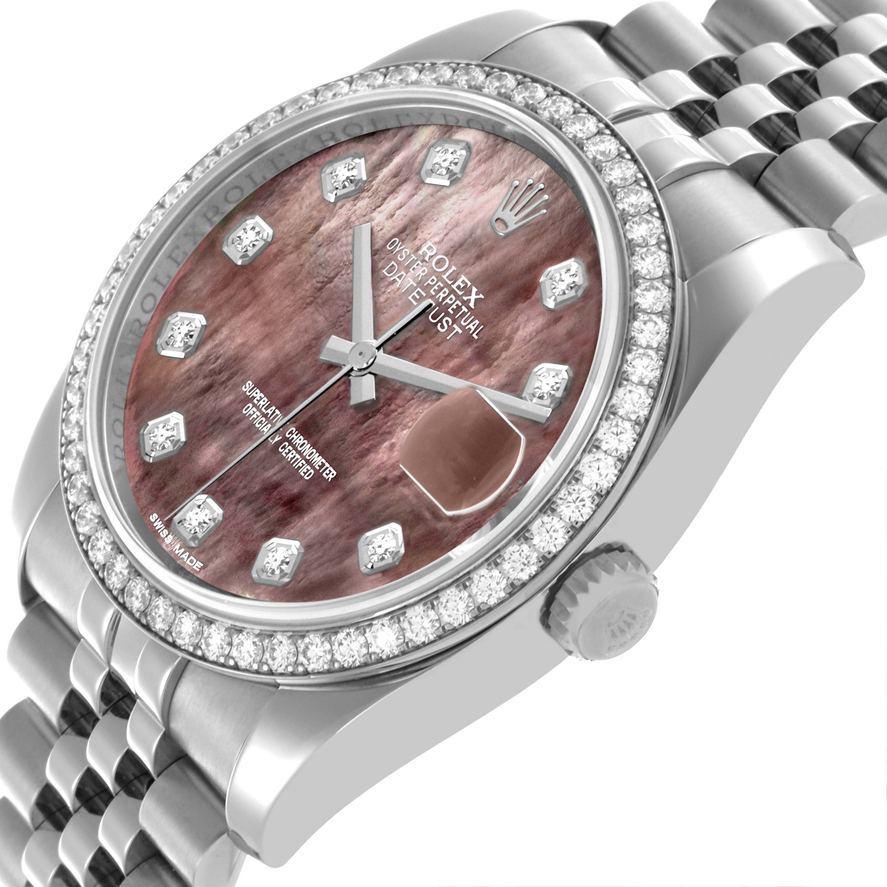 The Rolex Datejust 116244 Men's Stainless Steel Mother of Pearl Dial 116244 Men's Stainless Steel Mother of Pearl Dial watch is shown at an angle highlighting the bezel, dial, crown, and bracelet.