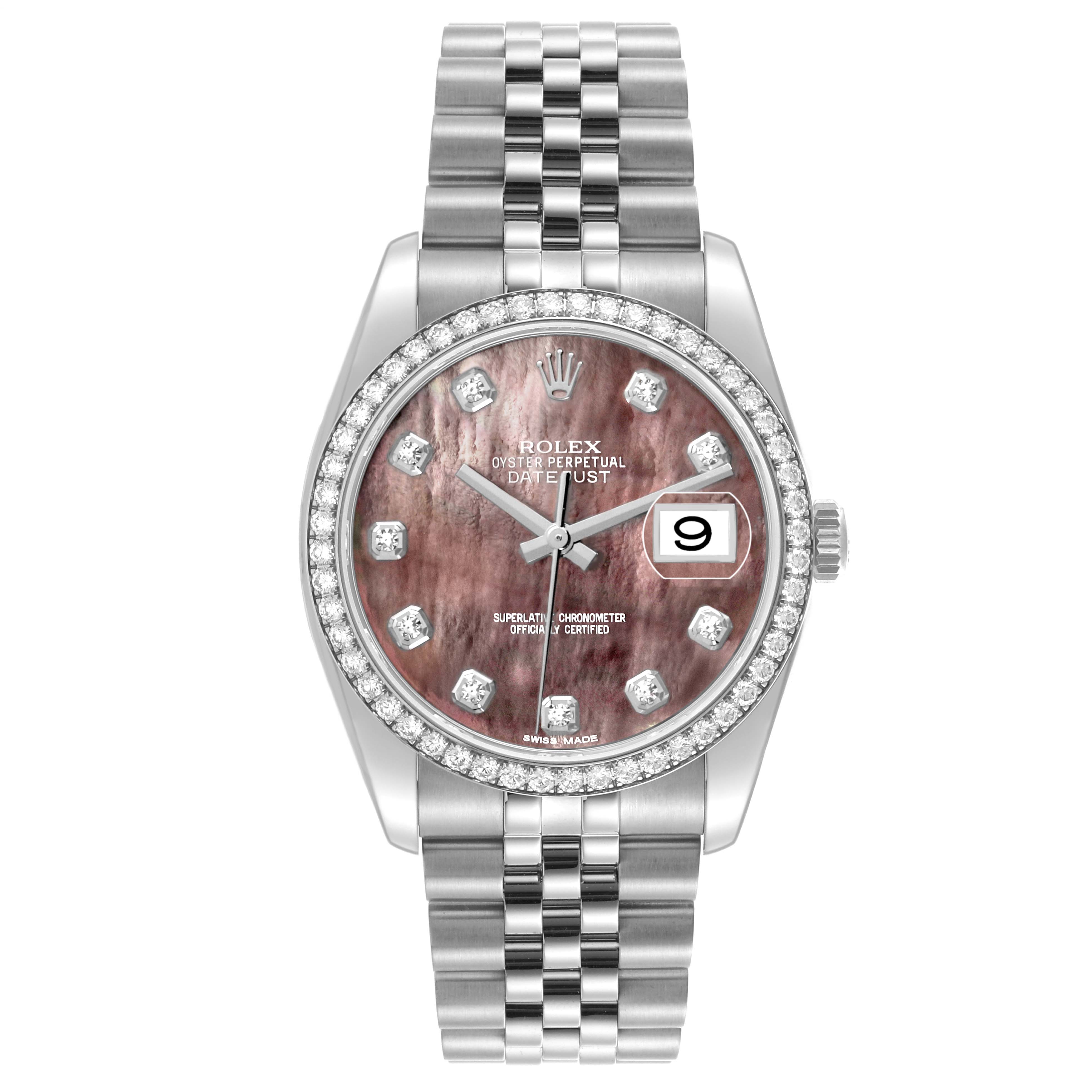The Rolex Datejust 116244 Men's Stainless Steel Mother of Pearl Dial 116244 Men's Stainless Steel Mother of Pearl Dial watch is shown from a front view, highlighting the face, bezel, bracelet, and crown.