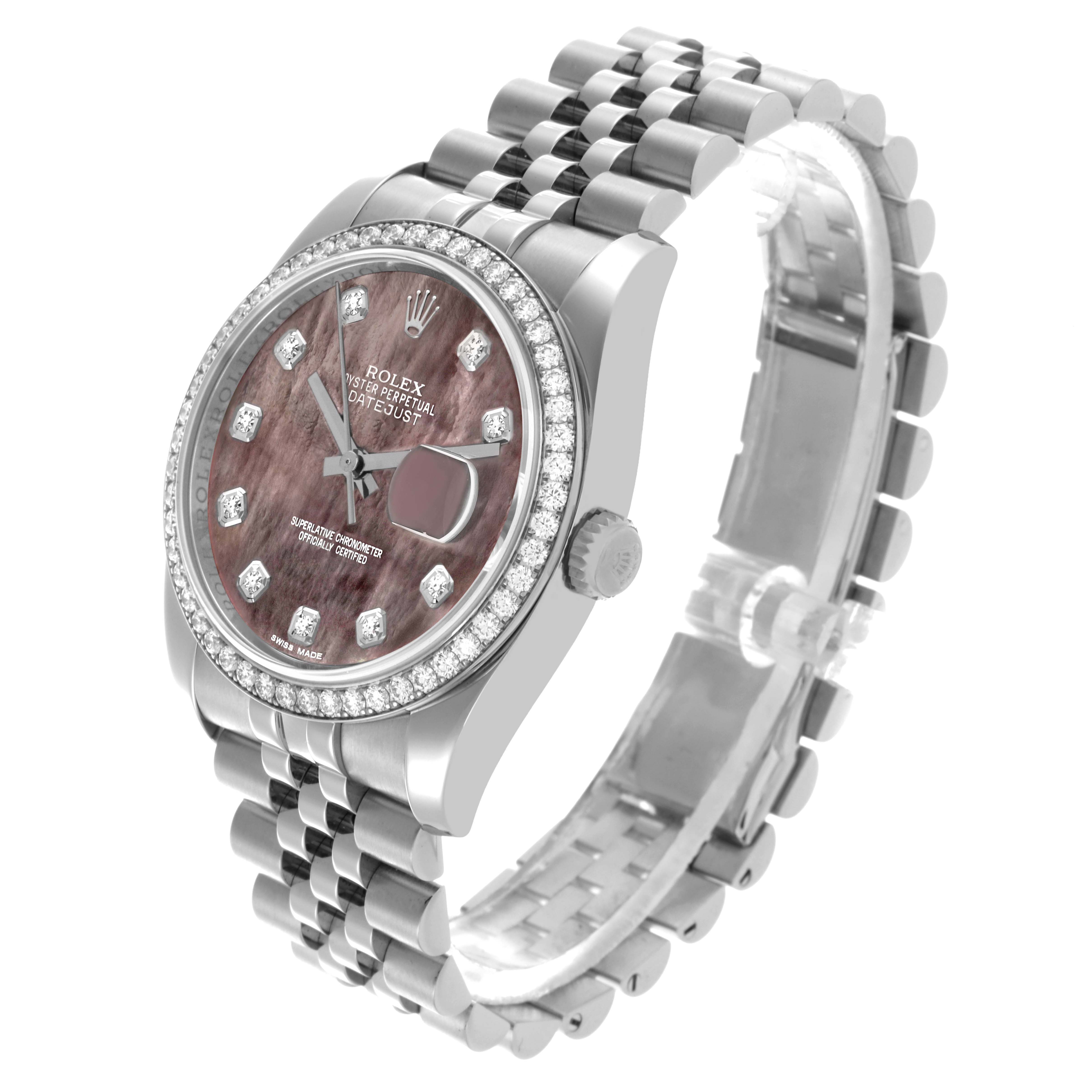 The Rolex Datejust 116244 Men's Stainless Steel Mother of Pearl Dial watch is shown at a three-quarter angle, highlighting the face, bezel, crown, and Jubilee bracelet.