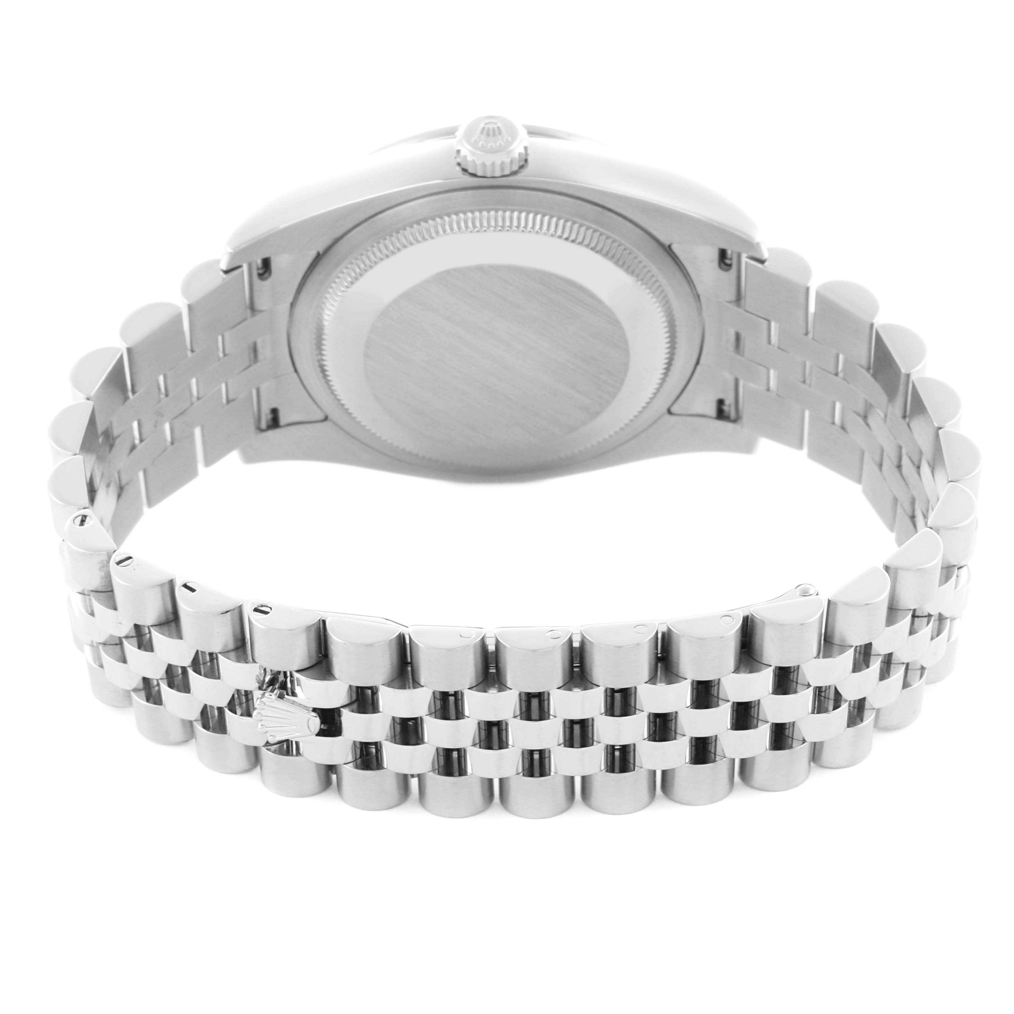 The image shows the back of a Rolex Datejust 116244 Men's Stainless Steel Mother of Pearl Dial watch, focusing on the case back and the Jubilee bracelet.