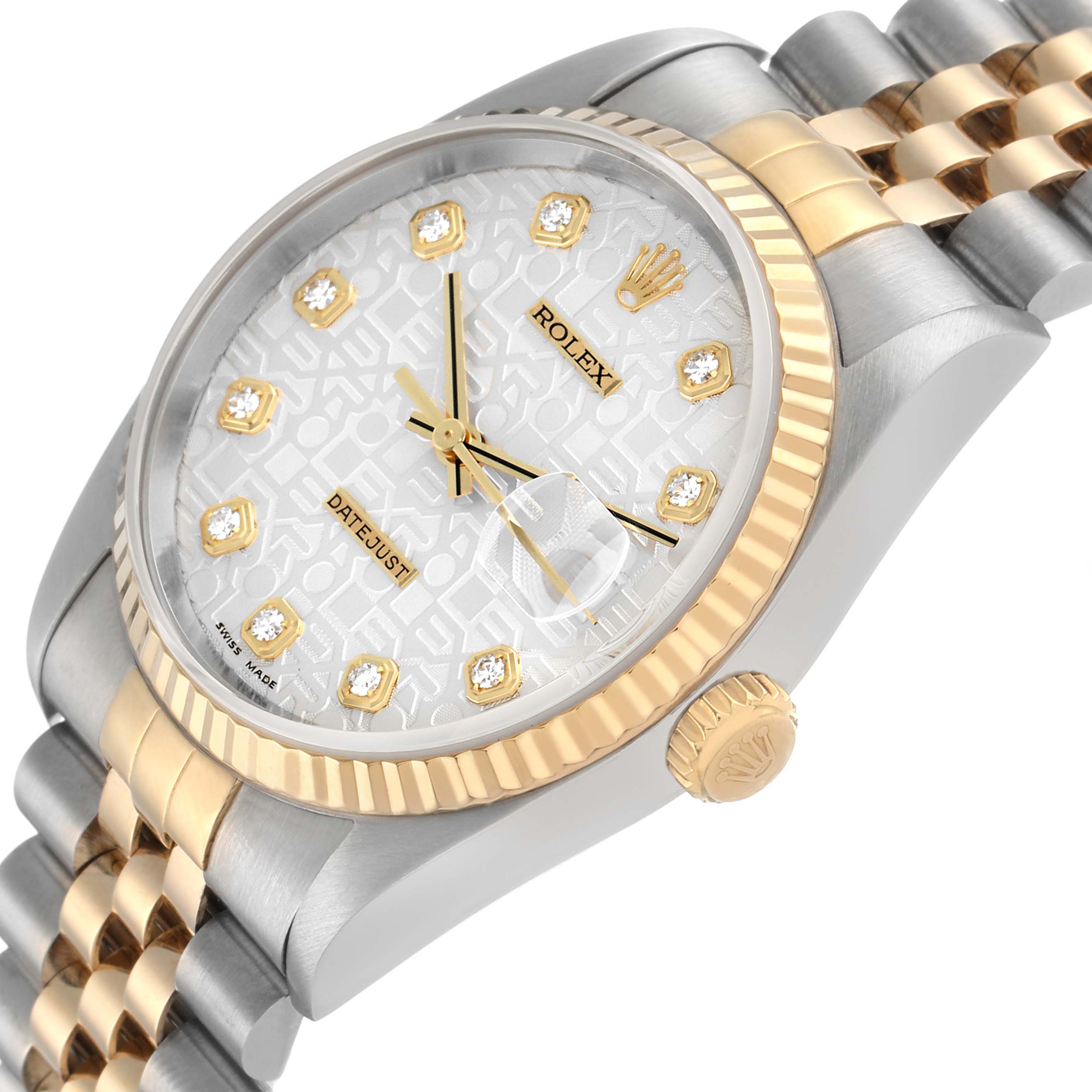 The Rolex Datejust 16233 Men's Steel and Gold (two tone) Silver Dial watch is shown at an angle highlighting the dial, crown, and part of the bracelet.