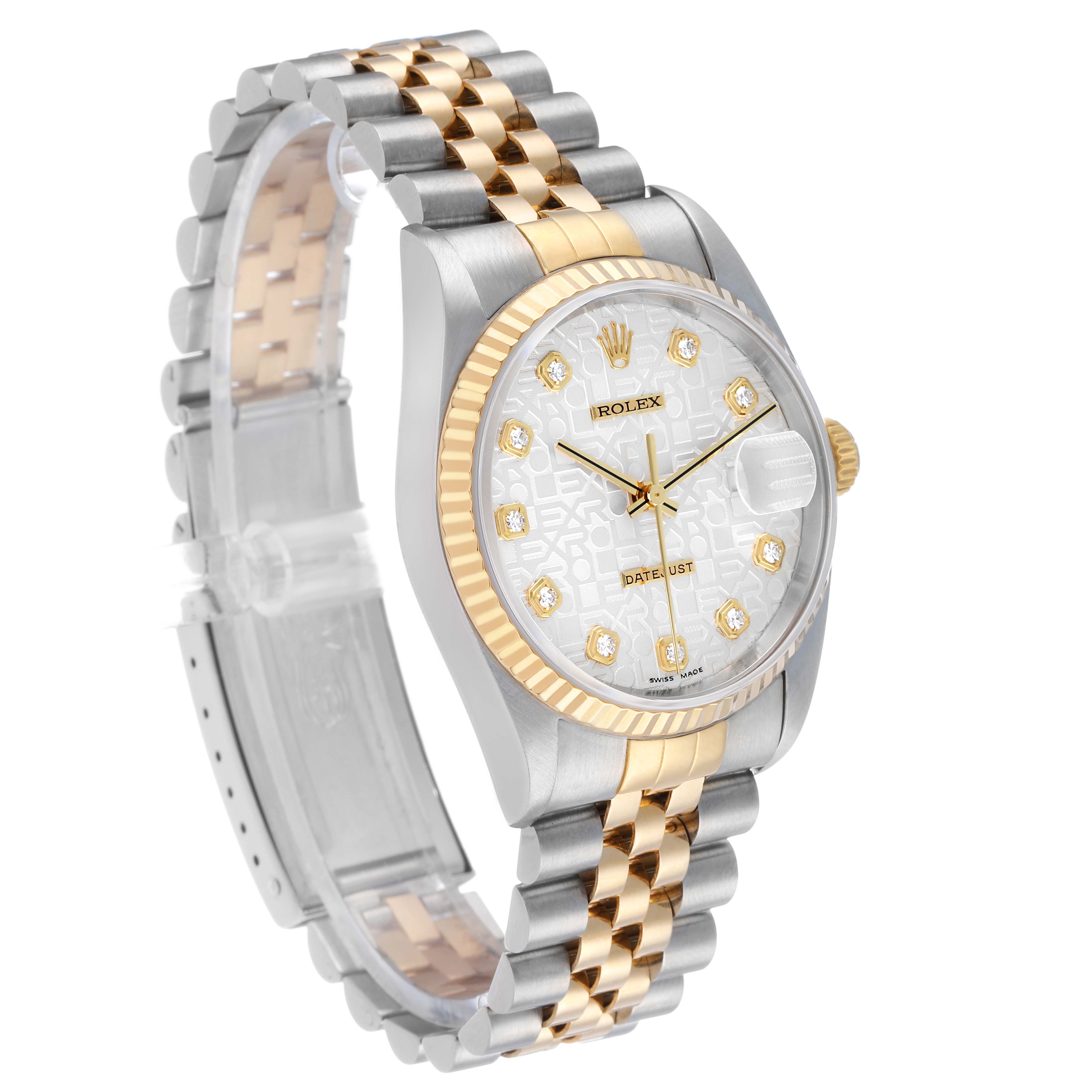 The Rolex Datejust 16233 Men's Steel and Gold (two tone) Silver Dial watch is shown at a slight angle, highlighting the face, bezel, bracelet, and crown.